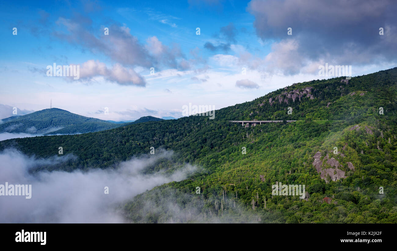 Foggy Morning Linn Cove Viaduct Blue Ridge Parkway Rough Ridge Mountain Trail - Fog Rolled Back Long Enough Blue Skies Moody Clouds Stock Photo