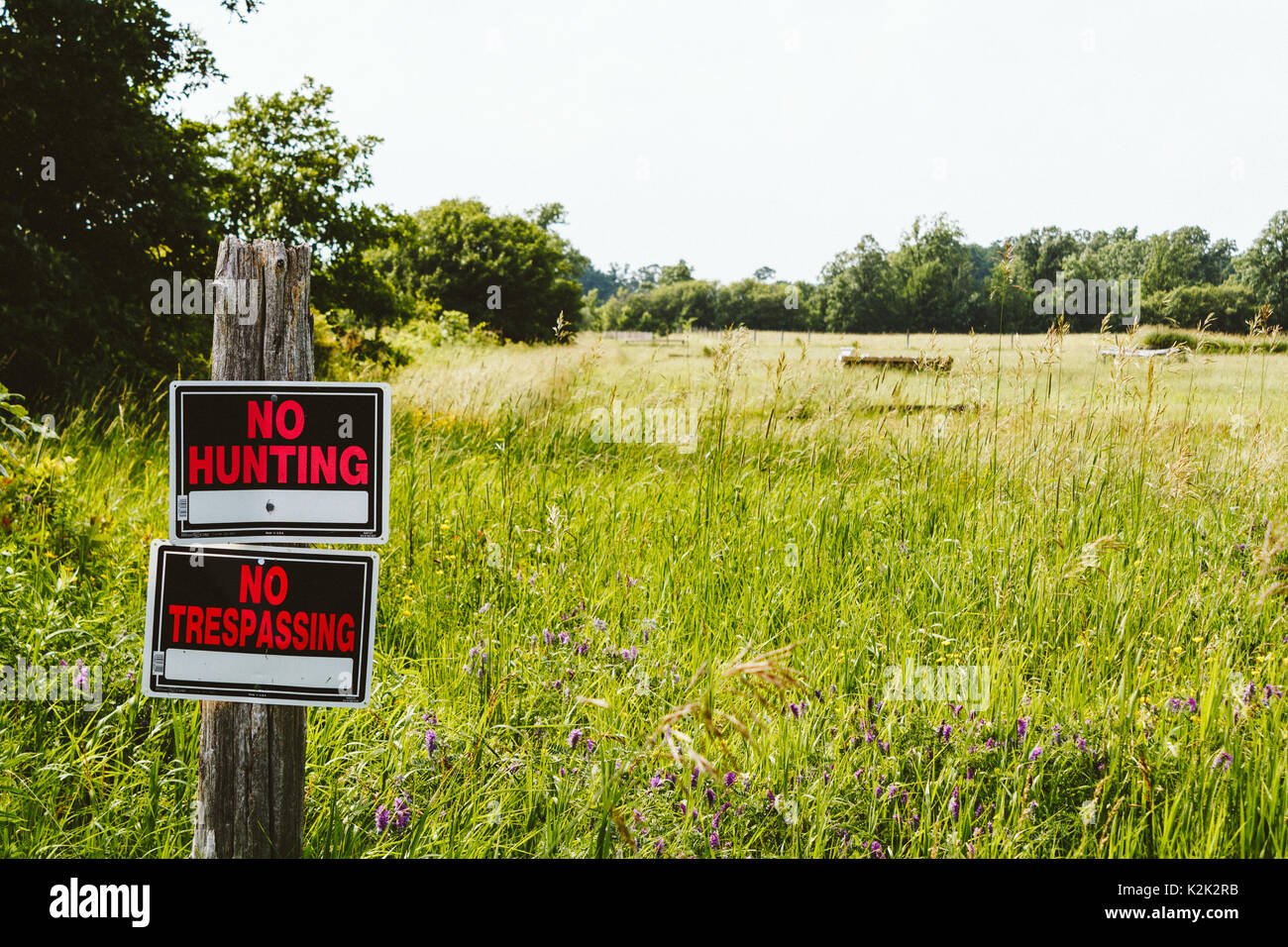 No hunting and no trespassing signs at the meadow in the countryside