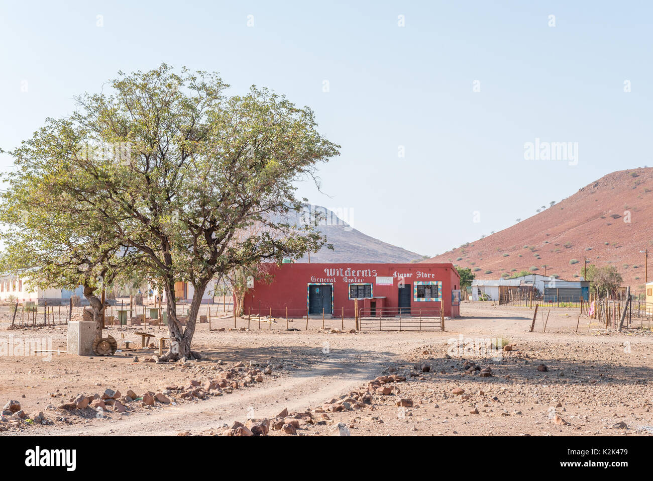 BERGSIG, NAMIBIA - JUNE 28, 2017: A supermarket and liquor store in Bergsig, a small village in the Kunene Region of Namibia Stock Photo