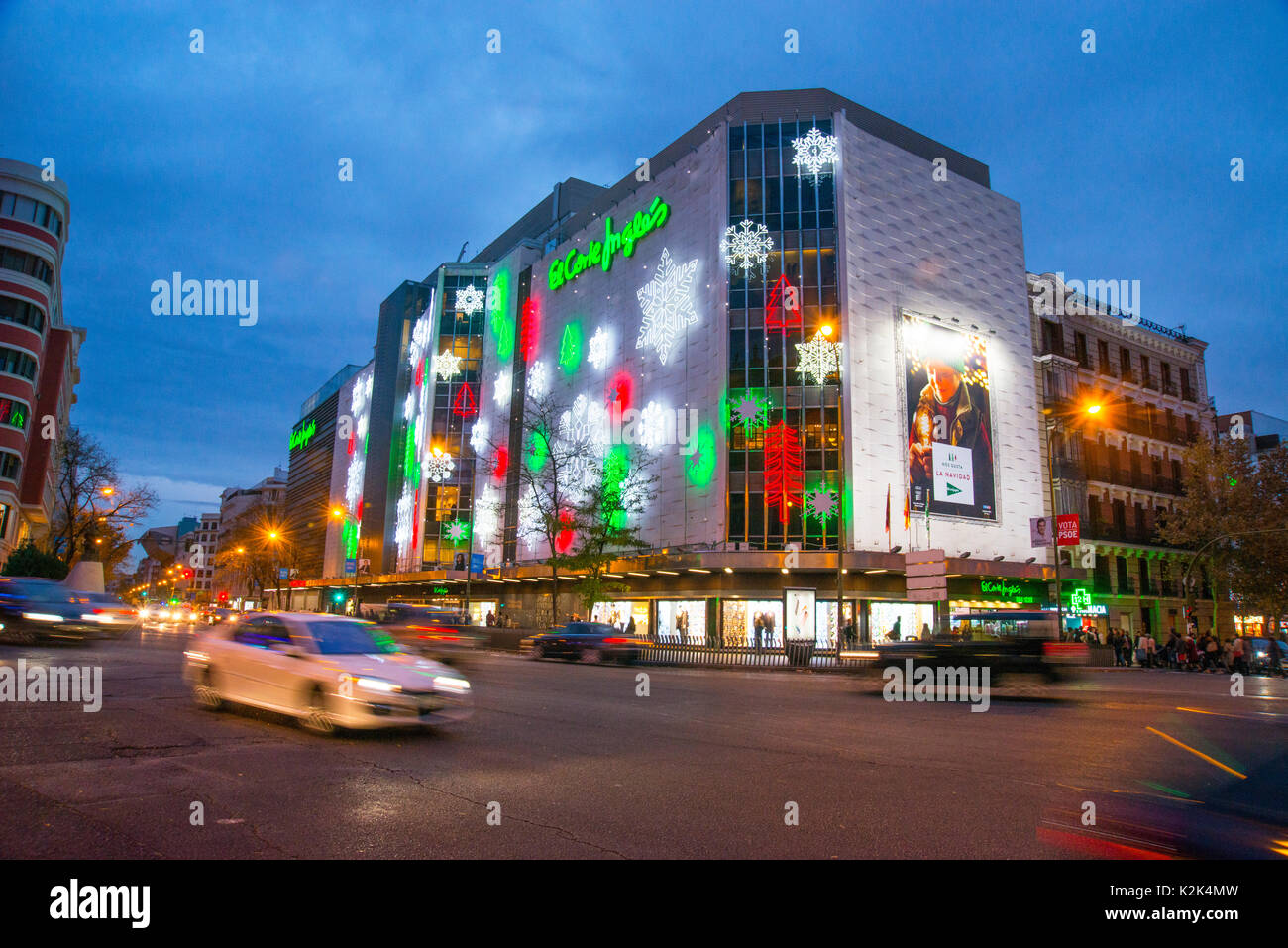 El Corte Ingles shopping center at Christmas, night view. Goya street, Madrid, Spain. Stock Photo
