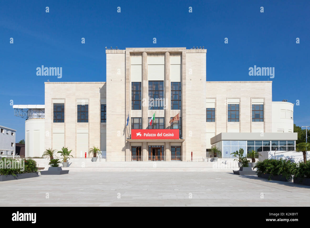 Lido, Venice, Italy. 30th Aug, 2017. Venues for the 2017 Film Festival after last minute preparations and installations and before the crowds arrive for the opening of the festival. The front facade and entrance of the Palazzo del Casino with potted plants in the forecourt. Stock Photo