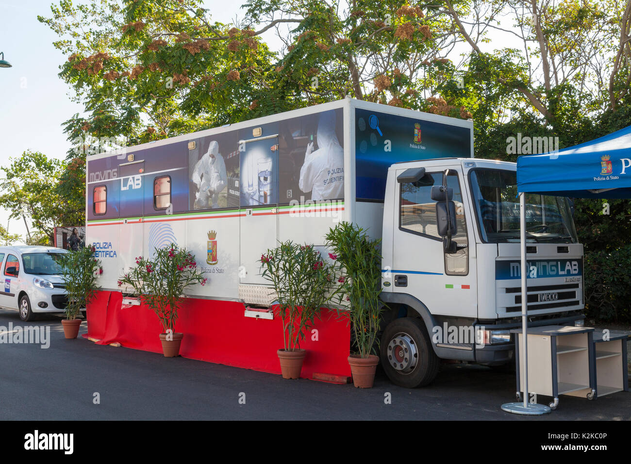 Lido, Venice, Italy. 30th Aug, 2017. Venues for the 2017 Film Festival after last minute preparations and installations and before the crowds arrive for the opening of the festival. The mobile police laboratory and technical van for identification and forensics. Stock Photo