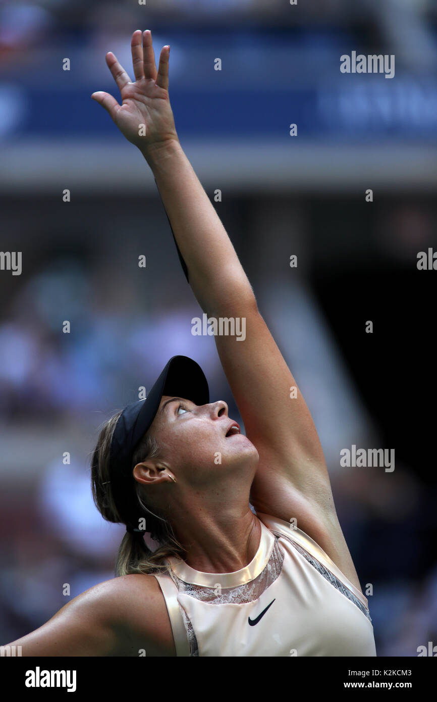 New York, United States. 30th Aug, 2017. US Open Tennis: New York, 30 August, 2017 - Maria Sharapova serving during her second round match against Timea Babos of Hungary during their second round match at the US Open in Flushing Meadows, New York. Sharapova won the match in three sets. Credit: Adam Stoltman/Alamy Live News Stock Photo