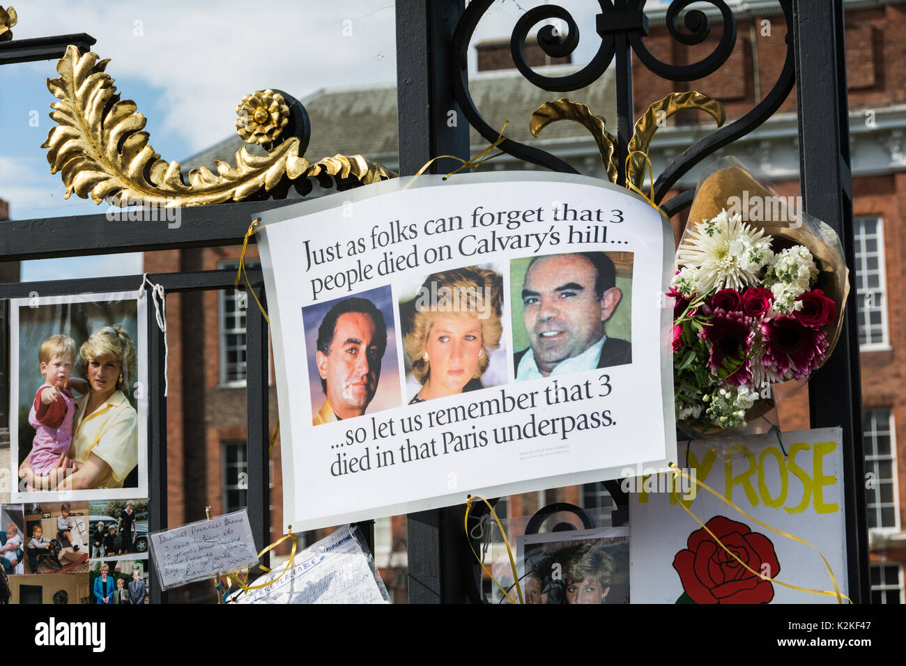 A photo of Princess Diana, Dodi Al-Fayed and Henri Paul outside Kensington Palace, on the twentieth anniversary of their deaths in the fatal car crash in Paris. Stock Photo