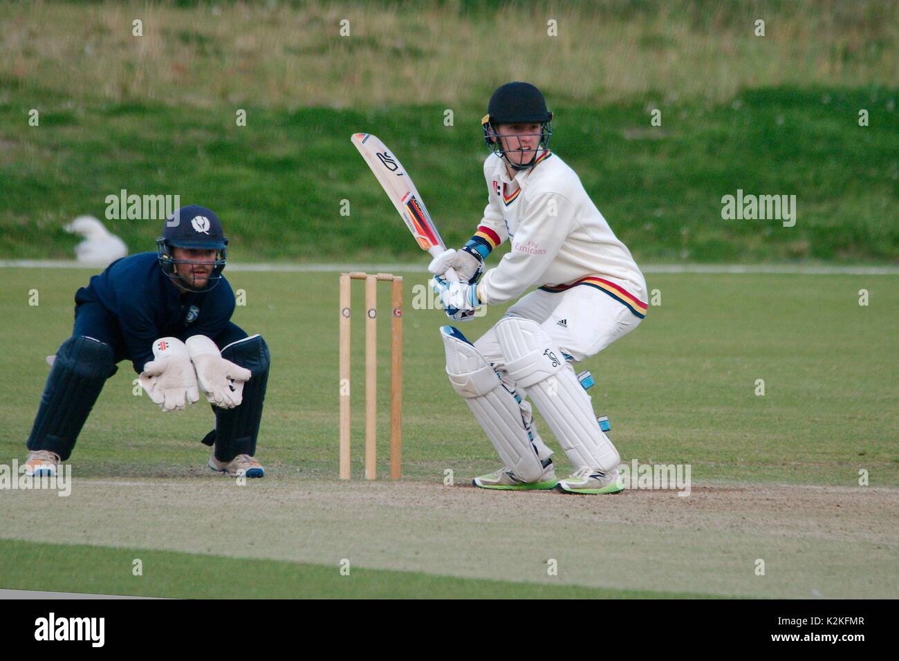 Burnopfield Uk 31st Aug 17 Ben Seabrook Batting For Durham Ccc 2nd Xi And Craig Wallace Keeping Wicket For Scotland A Waiting For The Bowler To Bowl The Ball At Burnopfield Cricket