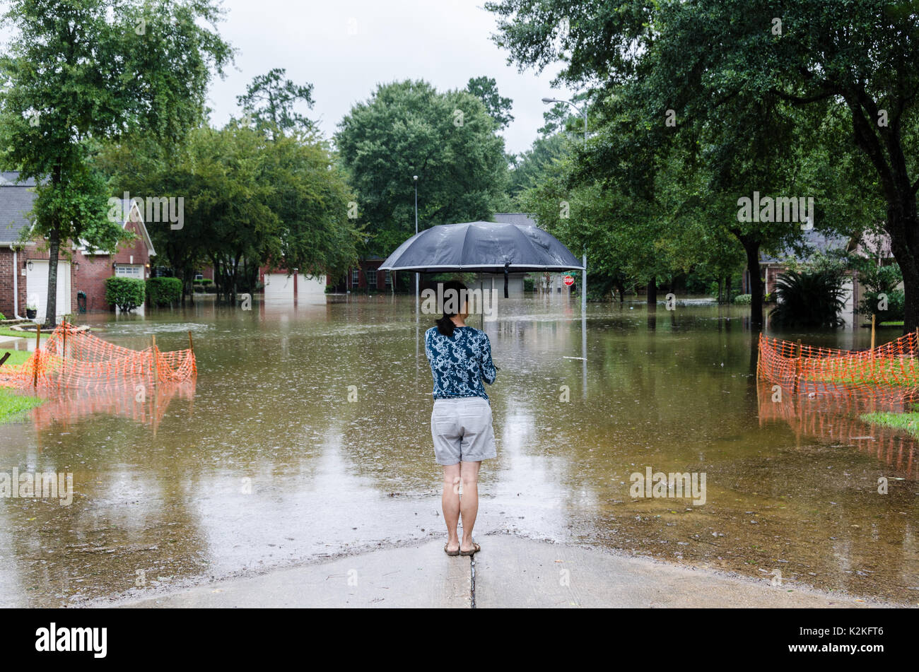 Houston, Texas. 30th Aug, 2017. A woman stands by flooded street in historic flood in Houston Texas after Hurricane Harvey. August 2107. Credit: Gabbro/Alamy Live News Stock Photo
