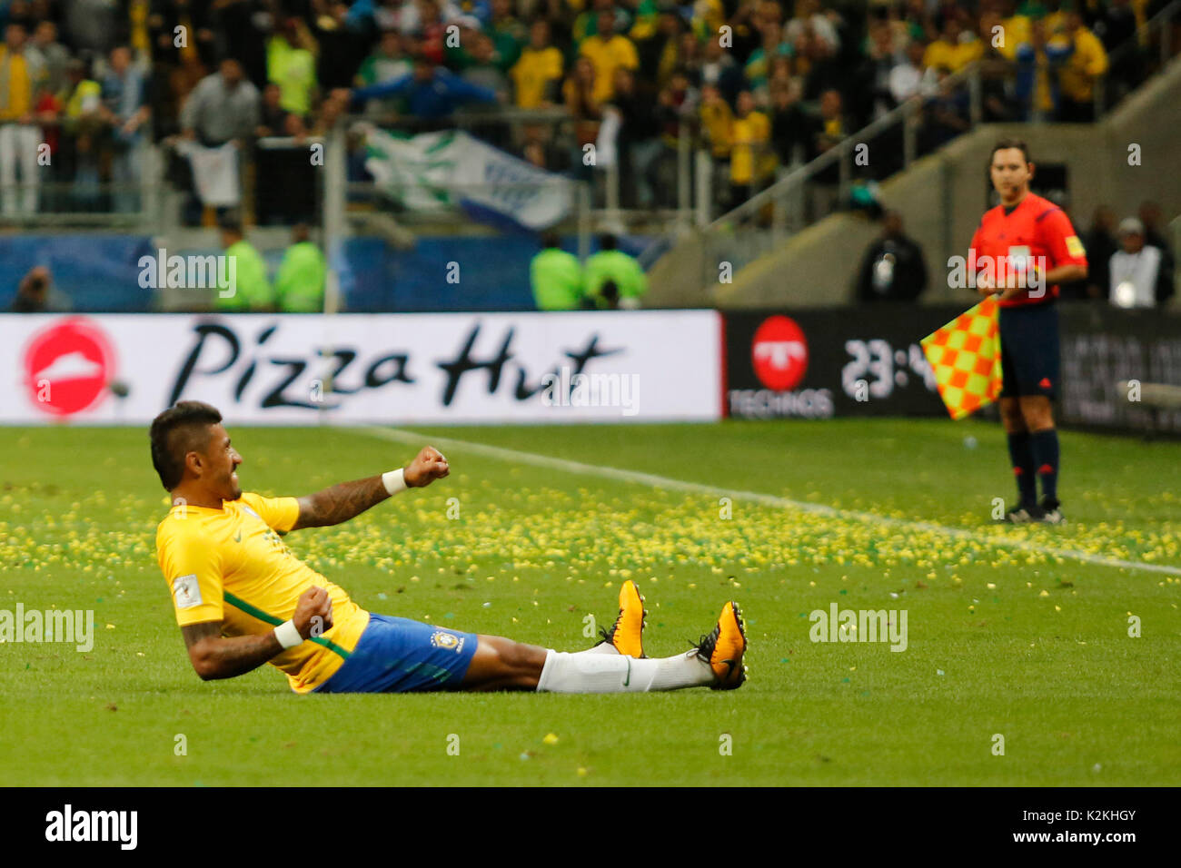 Porto Alegre, Brazil. 31st Aug, 2017. Paulinho of Brazil celebrates after scoring the first goal of his team during the match Brazil v Equador - 2018 FIFA World Cup Russia Qualifier, at Arena do Gremio on August 31, 2017, in Porto Alegre, Brazil. (PHOTO: PAULO LISBOA/BRAZIL PHOTO PRESS) Stock Photo