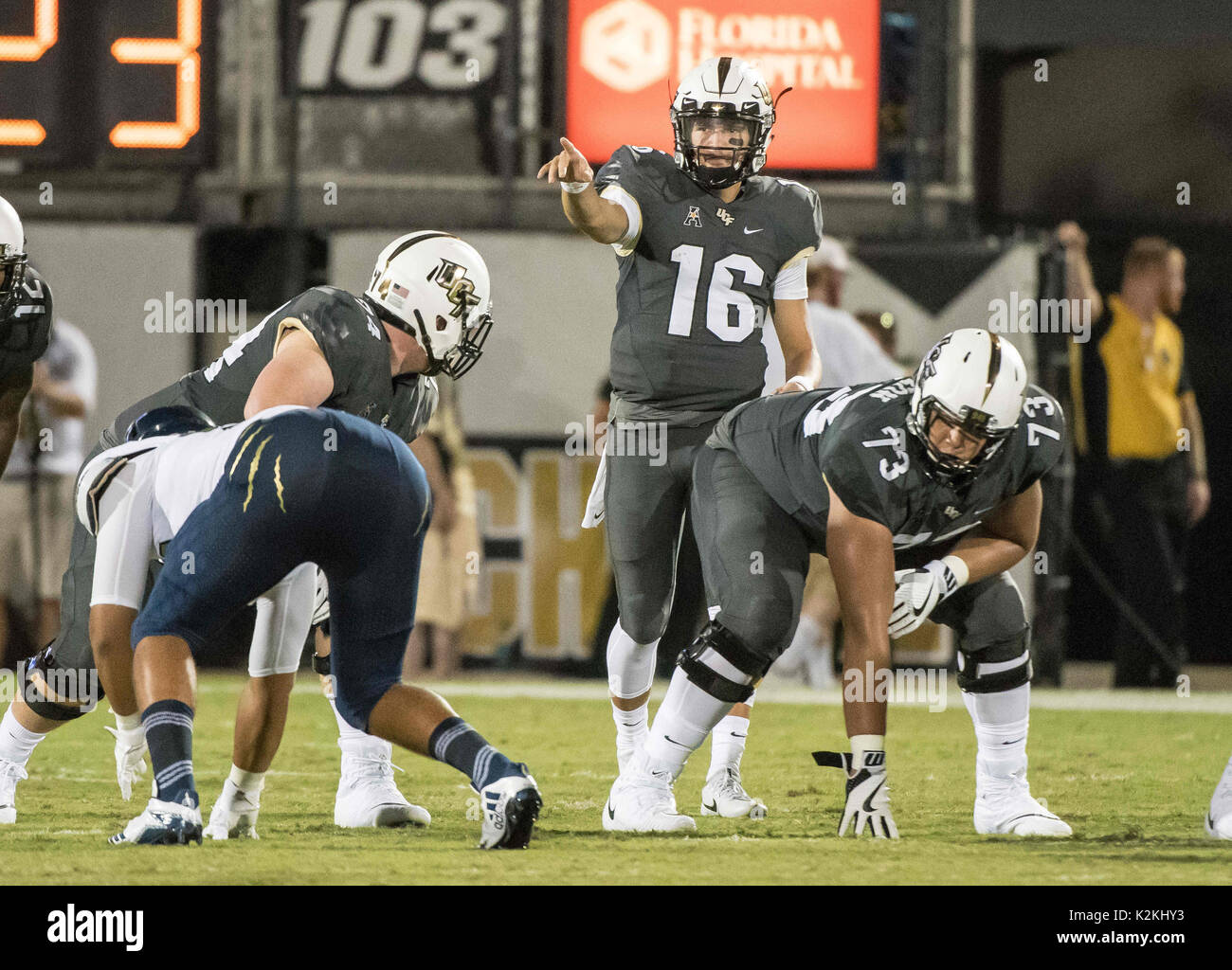 August 31, 2017 - Orlando, FL, U.S: UCF Knights quarterback Noah Vedral (16) during NCAA football game between FIU Golden Panthers and the UCF Knights at Spectrum Stadium in Orlando, Fl. Romeo T Guzman/CSM. Stock Photo