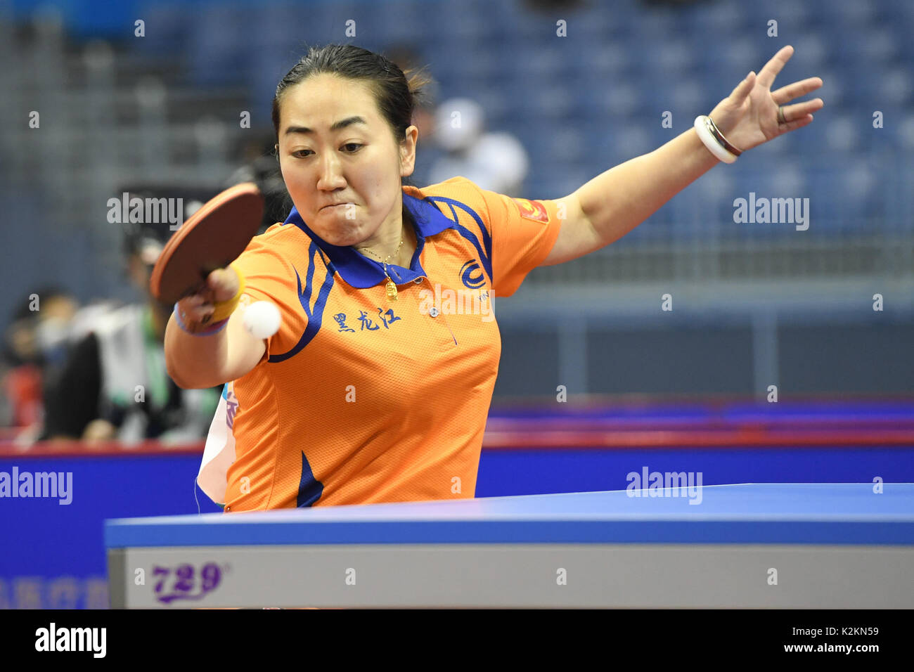 Tianjin. 1st Sep, 2017. Wang Xuan of Heilongjiang competes during the  women's table tennis team final against Sichuan at 13th Chinese National  Games in north China's Tianjin Municipality, Sept. 1, 2017. Heilongjiang
