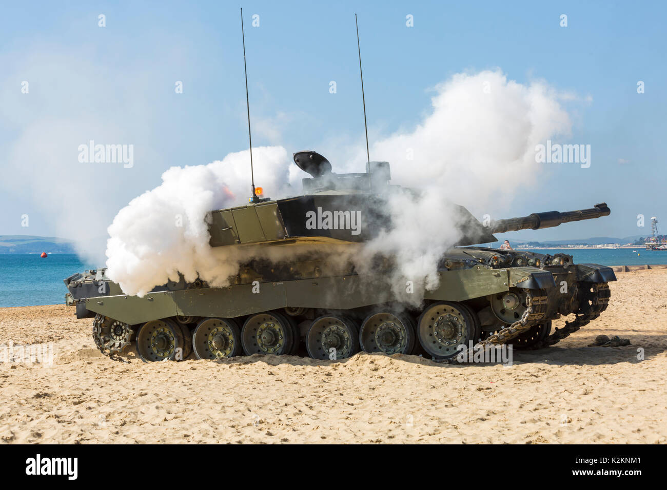 Bournemouth, UK. 1st Sept 2017. The second day of the tenth anniversary of the Bournemouth Air Festival. The Army entertain the crowds with their armoured vehicle display - smoke billowing around chieftain tank. Credit: Carolyn Jenkins/Alamy Live News Stock Photo