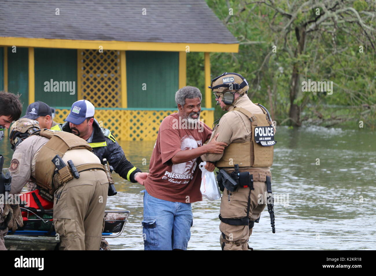 Houston, United States. 30th Aug, 2017. U.S CBP Air and Marine Operations aircrew evacuate residents from a neighborhood flooded by rising waters in the aftermath of Hurricane Harvey August 30, 2017 in Houston, Texas. Credit: Planetpix/Alamy Live News Stock Photo