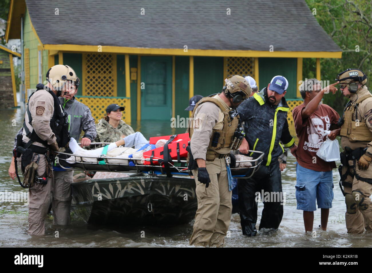 Houston, United States. 30th Aug, 2017. U.S CBP Air and Marine Operations aircrew evacuate elderly and injured residents from a neighborhood flooded by rising waters in the aftermath of Hurricane Harvey August 30, 2017 in Houston, Texas. Credit: Planetpix/Alamy Live News Stock Photo