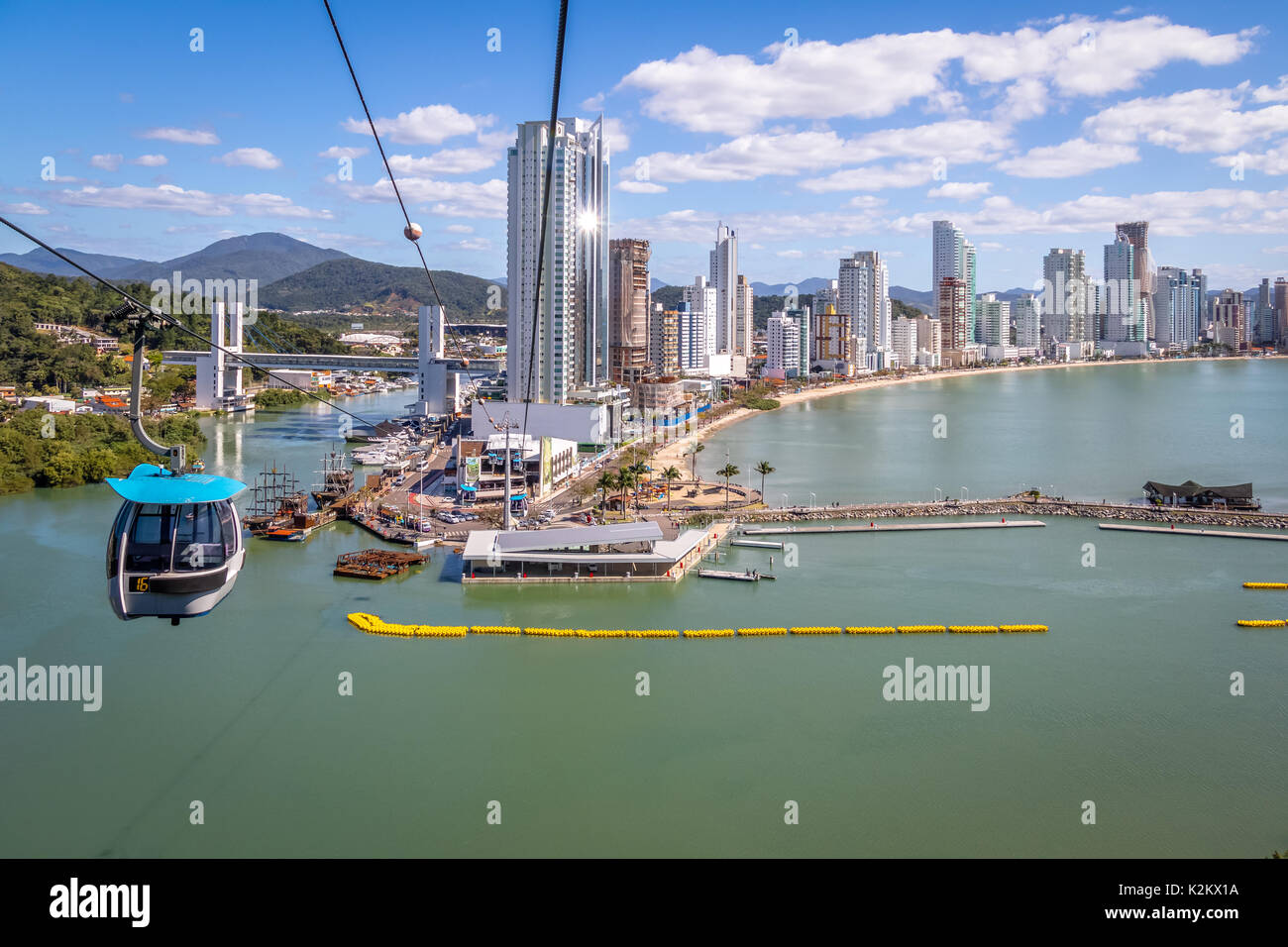 Aerial view of Balneario Camboriu city and Cable cars - Balneario Camboriu, Santa Catarina, Brazil Stock Photo