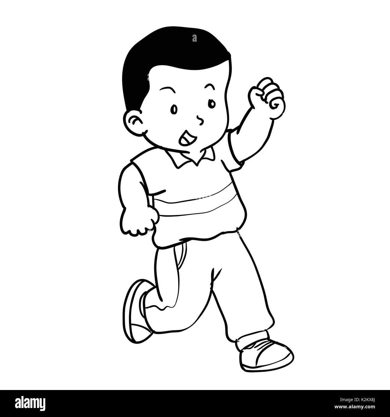 Hand drawing of boy runnin isolated on white background. Black and White simple line Vector Illustration for Coloring Book - Line Drawn Vector Stock Vector