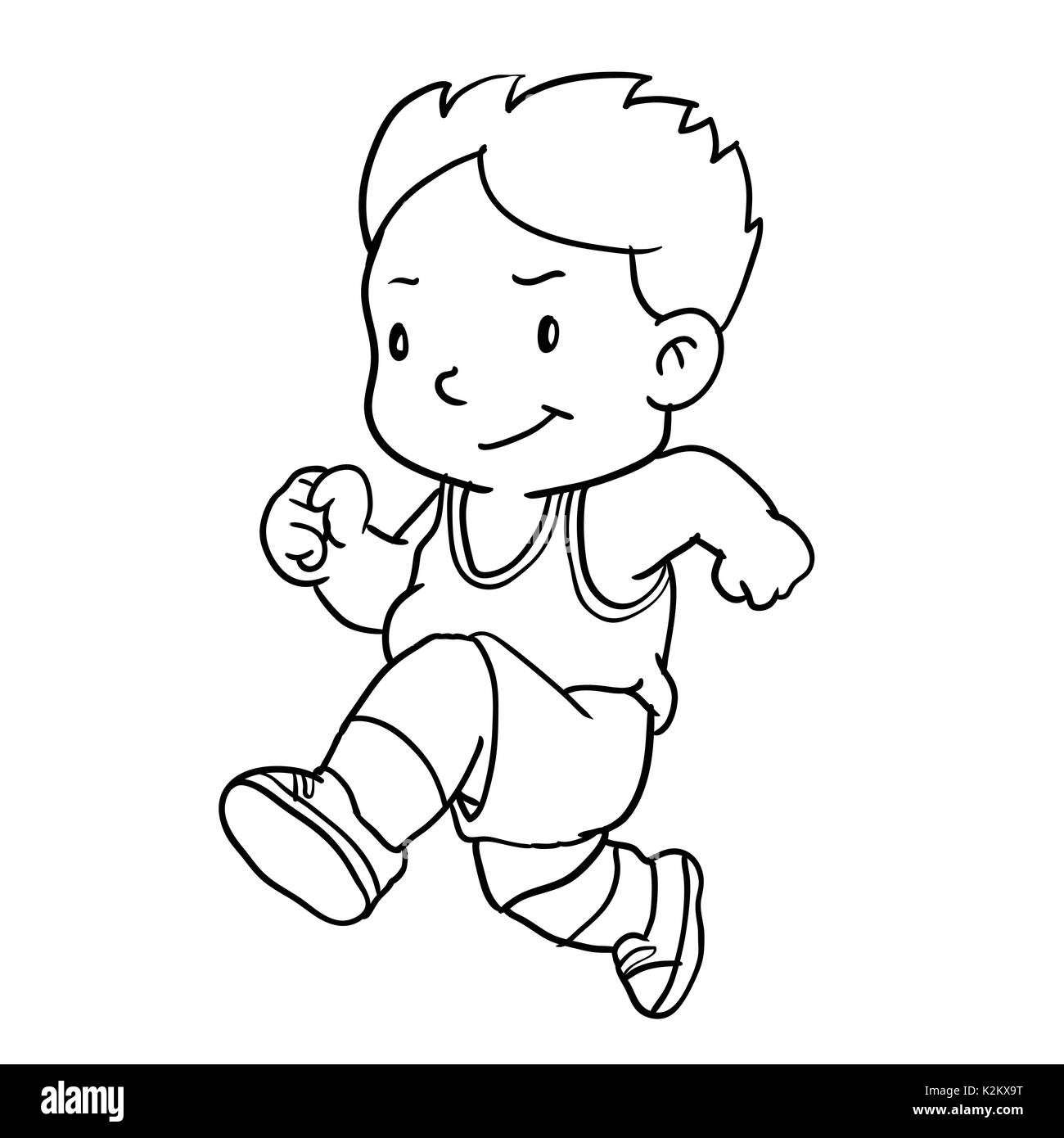 Hand drawing of boy runnin isolated on white background. Black and White simple line Vector Illustration for Coloring Book - Line Drawn Vector Stock Vector