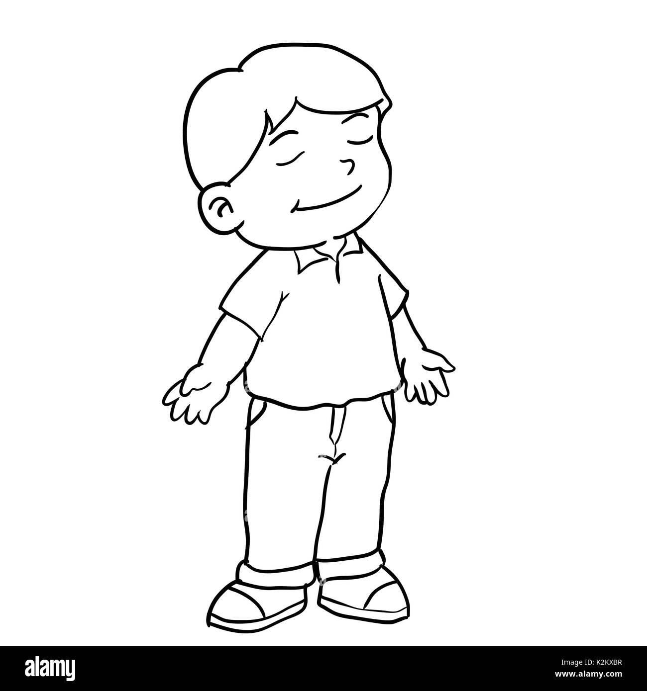 Hand drawing of boy standing, breathing isolated on white background. Black and White simple line Vector Illustration for Coloring Book - Line Drawn V Stock Vector