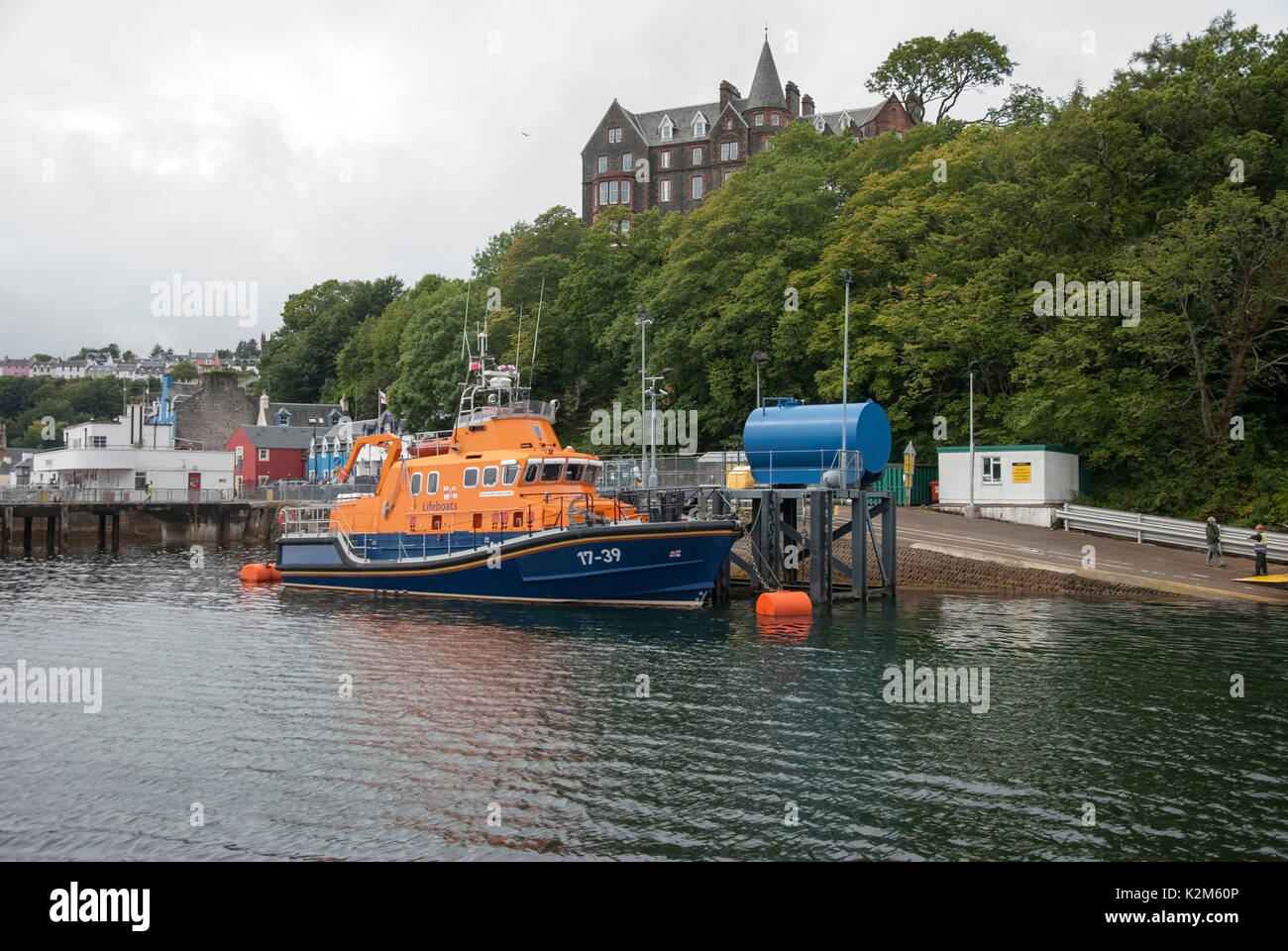 RNLI Severn Class Lifeboat Tobermory Isle of Mull Scotland front starboard side view of 2003 orange blue royal national lifeboat institution R.N.L.I.  Stock Photo