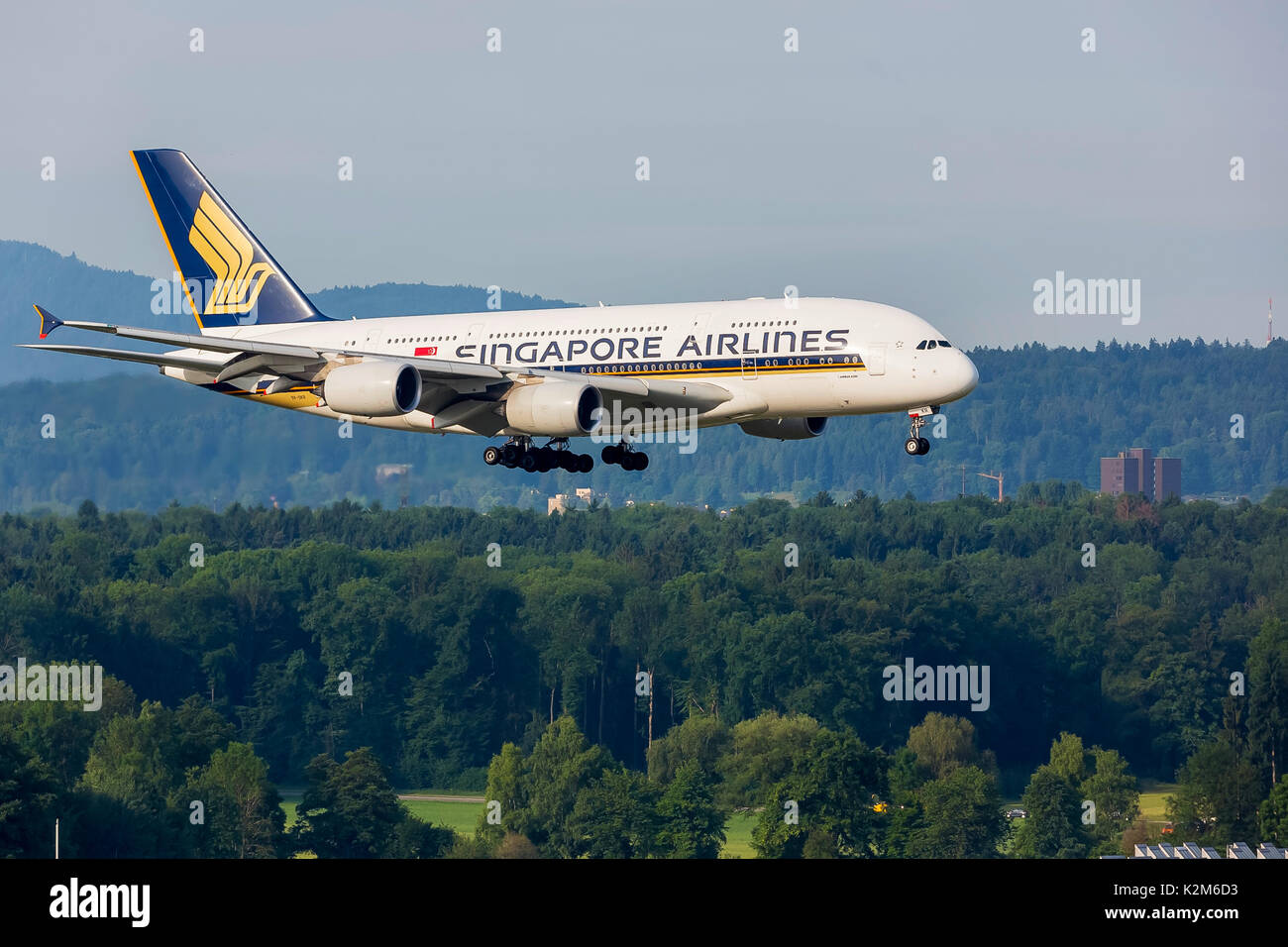 Zurich Airport, ZRH, landing Airplane Airbus A380, Singapore Airlines, Aircraft registration 9V-SKR. Stock Photo