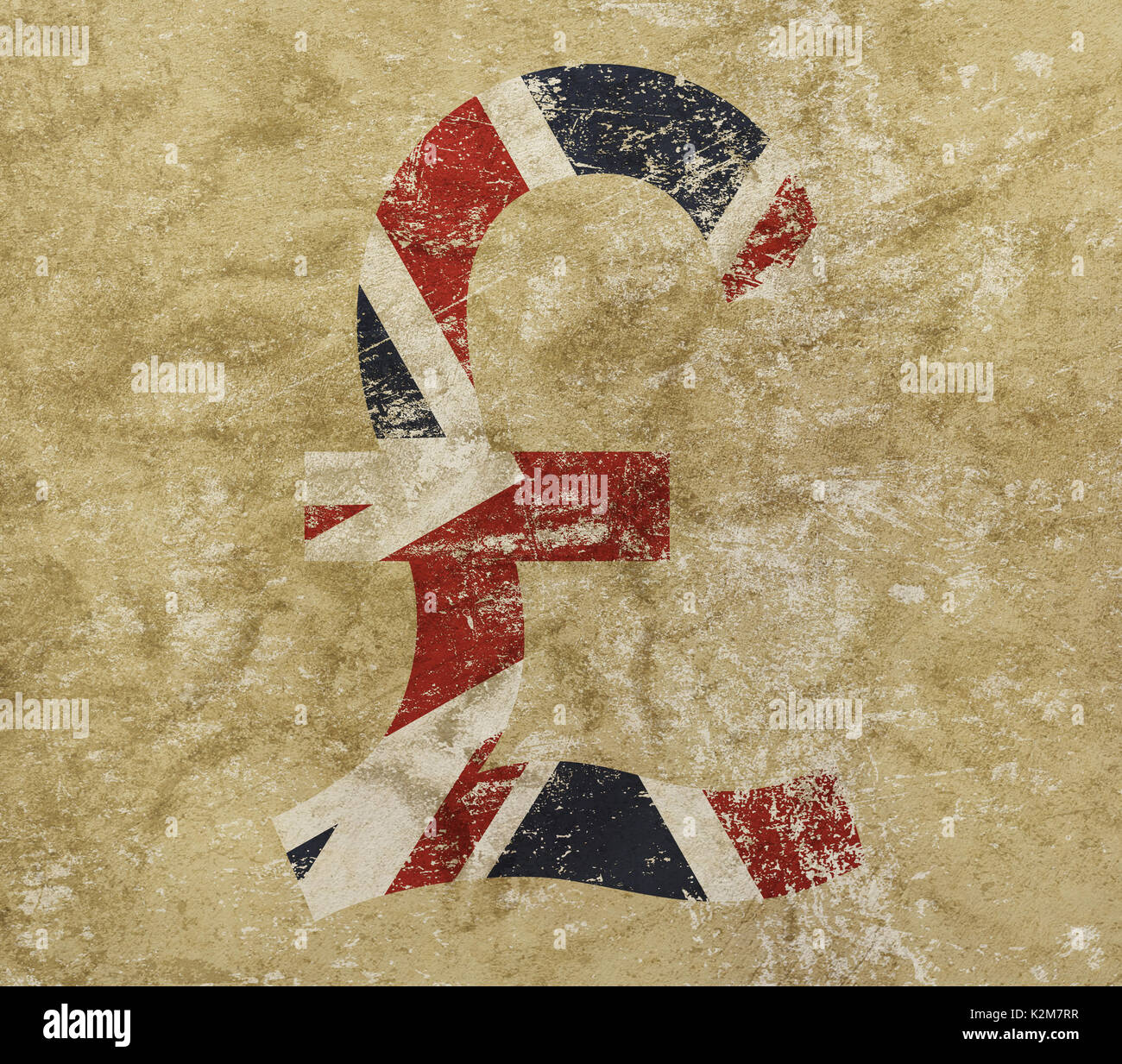 British pound currency icon sign with UK flag over distressed shabby grunge background Stock Photo