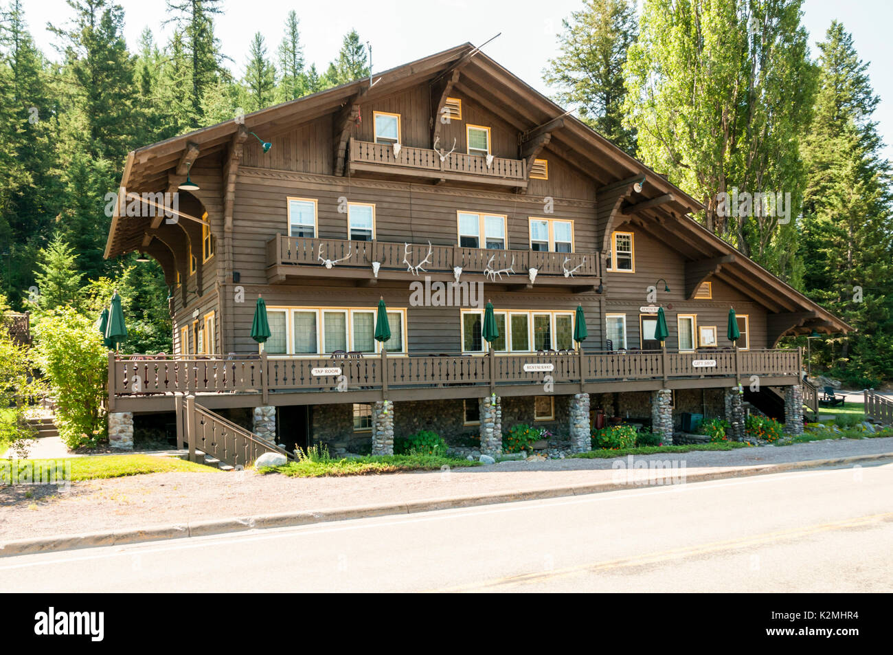 Belton Hotel in West Glacieer. A historic railroad hotel in Glacier National Park, Montana, USA Stock Photo