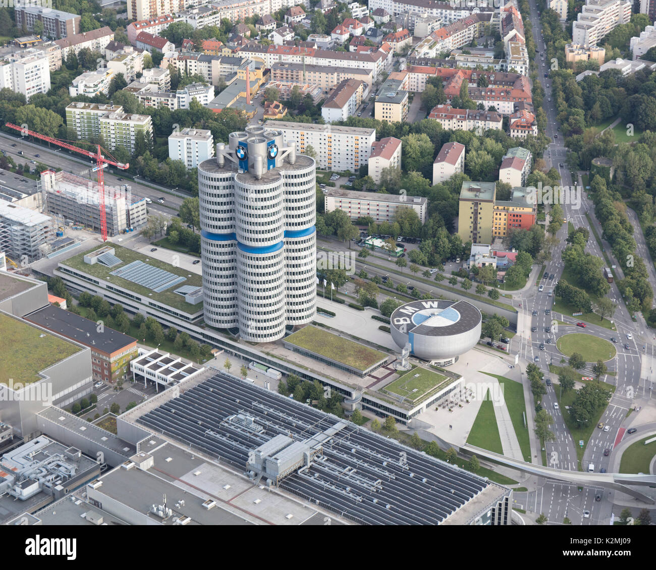 aerial view of BMW Headquarters and Museum, Am Riesenfeld, Munich, Germany Stock Photo