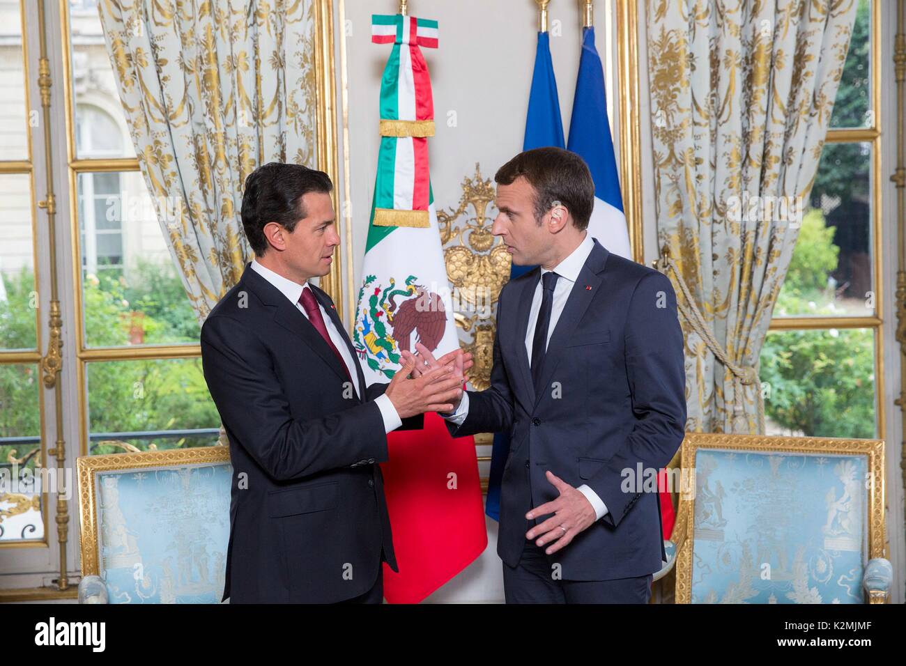 Mexican President Enrique Pena Nieto, left, during a bilateral meeting with French President Emmanuel Macron at the Elysee Palace July 7, 2017 in Paris, France. Stock Photo