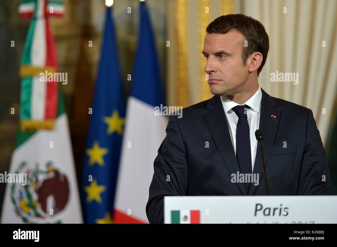 French President Emmanuel Macron during a joint press conference with Mexican President Enrique Pena Nieto, at the Elysee Palace July 7, 2017 in Paris, France. Stock Photo