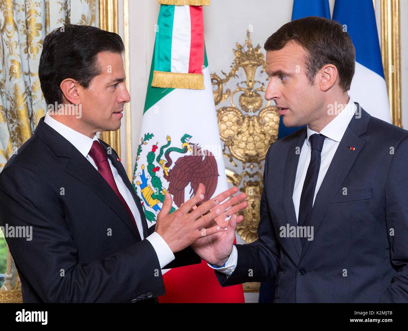 Mexican President Enrique Pena Nieto, left, during a bilateral meeting with French President Emmanuel Macron at the Elysee Palace July 7, 2017 in Paris, France. Stock Photo