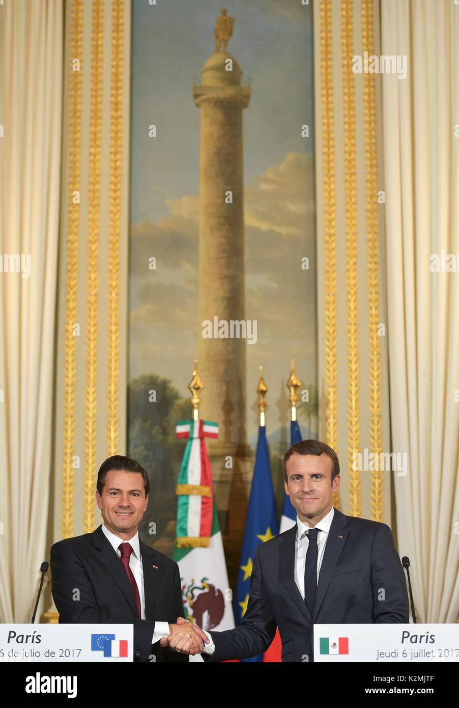 Mexican President Enrique Pena Nieto, left, during a joint press conference with French President Emmanuel Macron at the Elysee Palace July 7, 2017 in Paris, France. Stock Photo