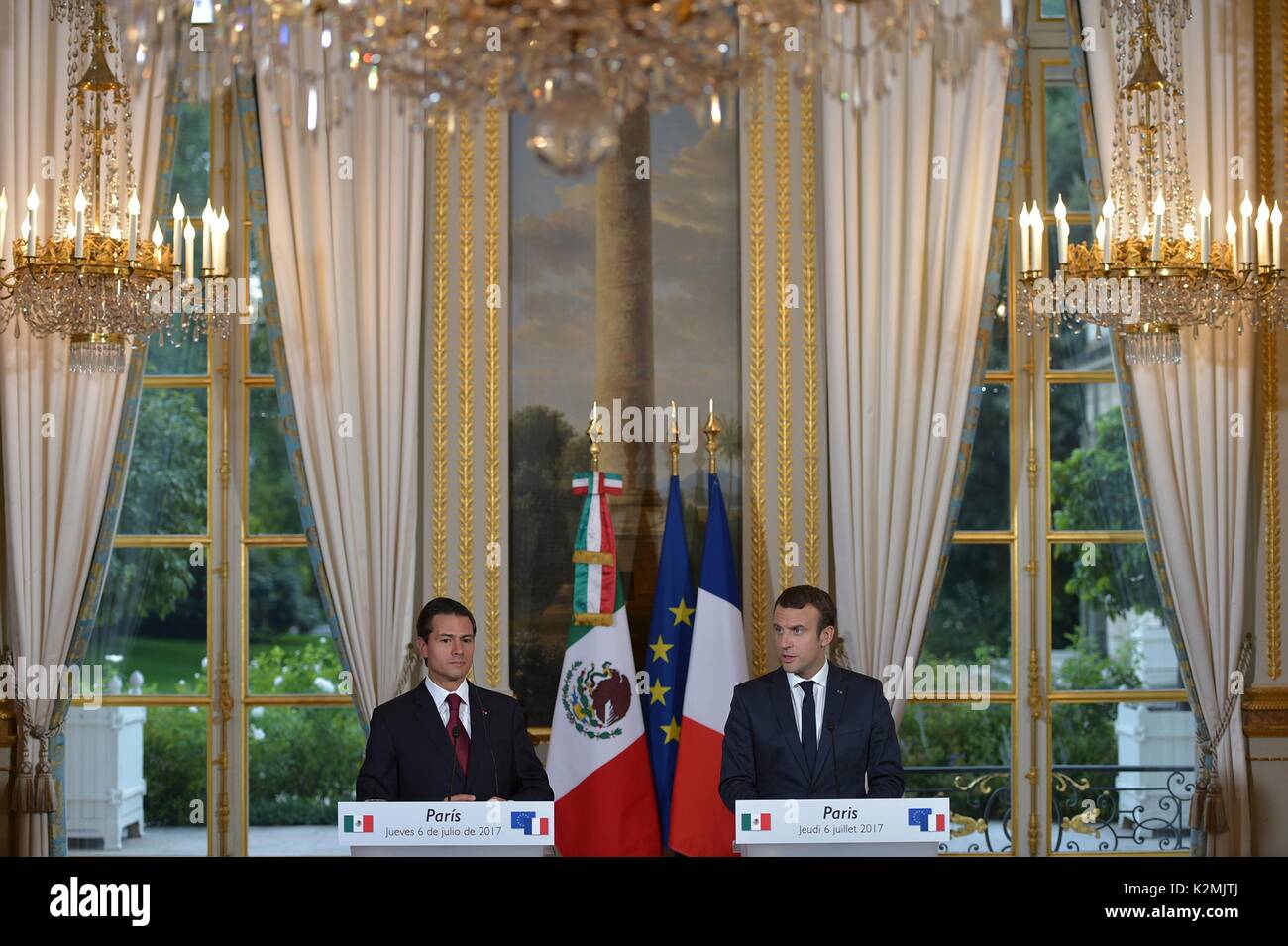 Mexican President Enrique Pena Nieto, left, during a joint press conference with French President Emmanuel Macron at the Elysee Palace July 7, 2017 in Paris, France. Stock Photo
