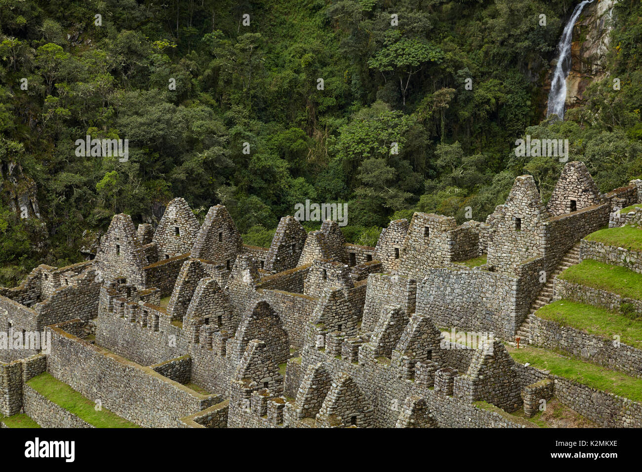 Historic ruins of Inca city at Winay Wayna, on the Inca Trail to Machu Picchu, Peru, South America Stock Photo