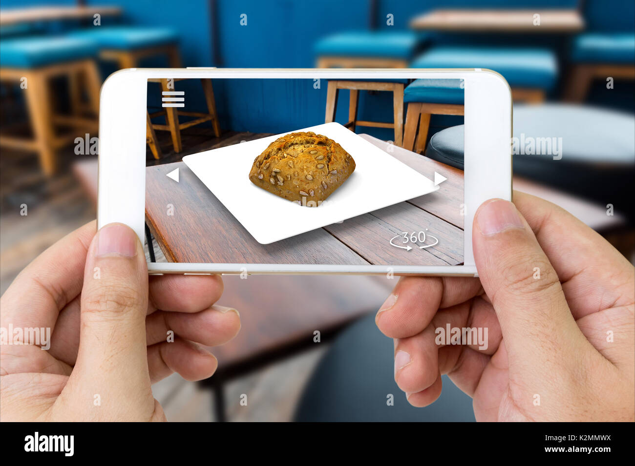 Augmented reality marketing technology concept. Customer hand holding smart  phone use AR application to select menu in restaurant. 3d rendering of bre  Stock Photo - Alamy