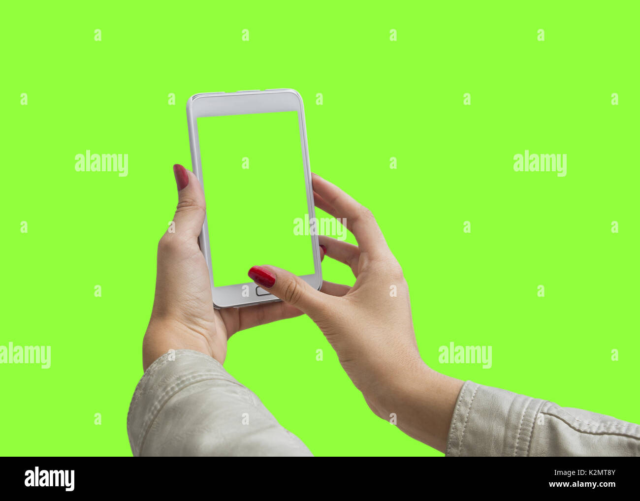 Young Girl Hand Holding Mobile Smart Phone On Green Screen Stock Photo Alamy