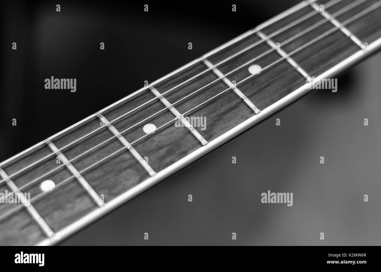 Close up of a guitar neck which is also called a fretboard with strings in black and white style