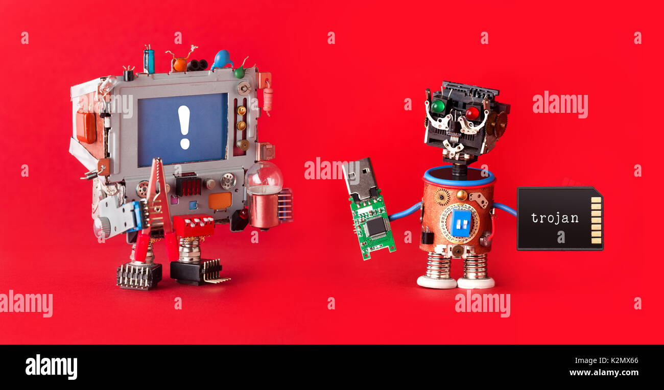 Computer Cyber Attack Robot Hacker Trojan Software Usb Stick Memory Card Digital Safety Blocking Virus Concept Photo Red Background Stock Photo Alamy