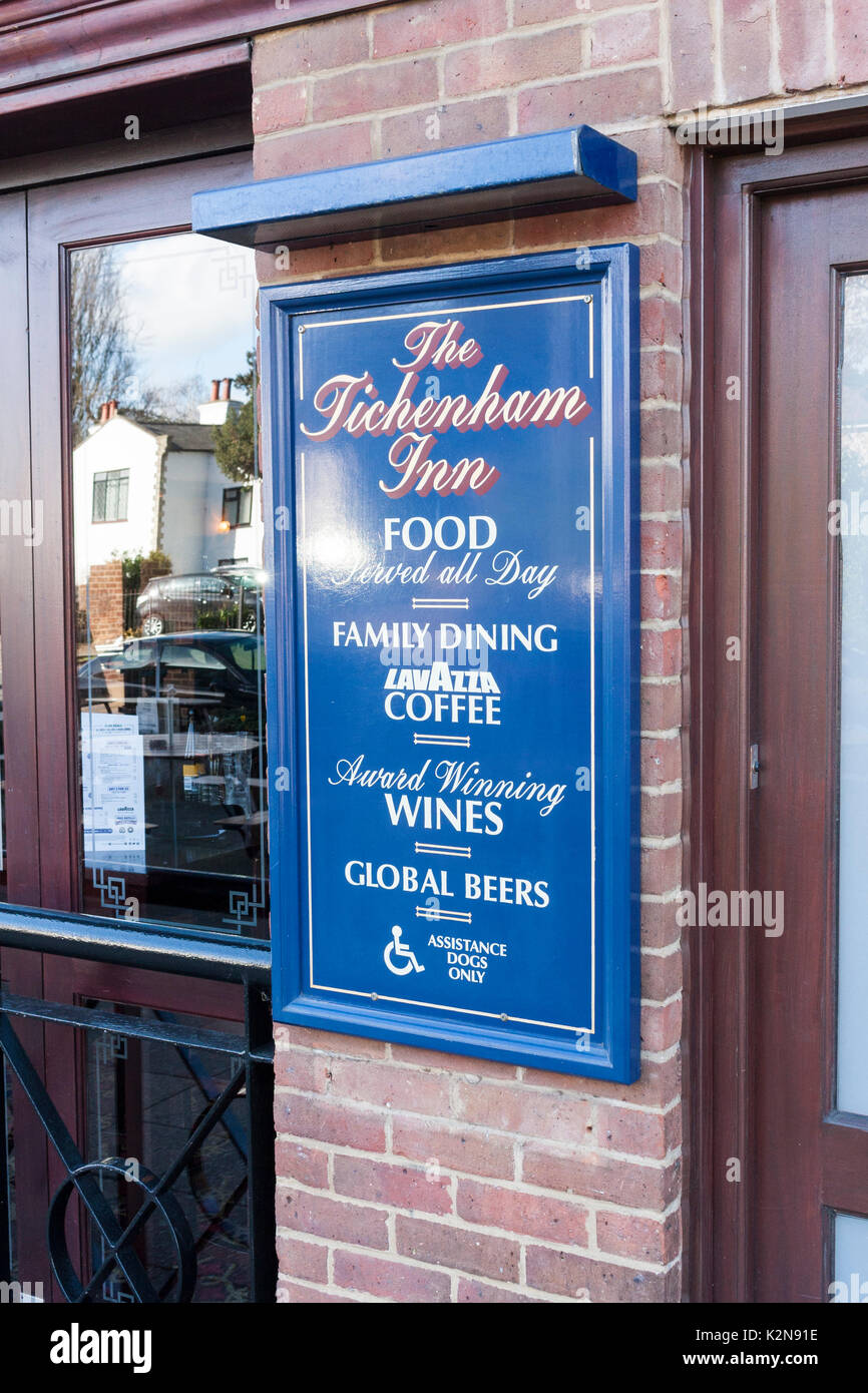 The Tichenham Inn sign, a J D Wetherspoons public house, Ickenham, Greater London, UK. Stock Photo