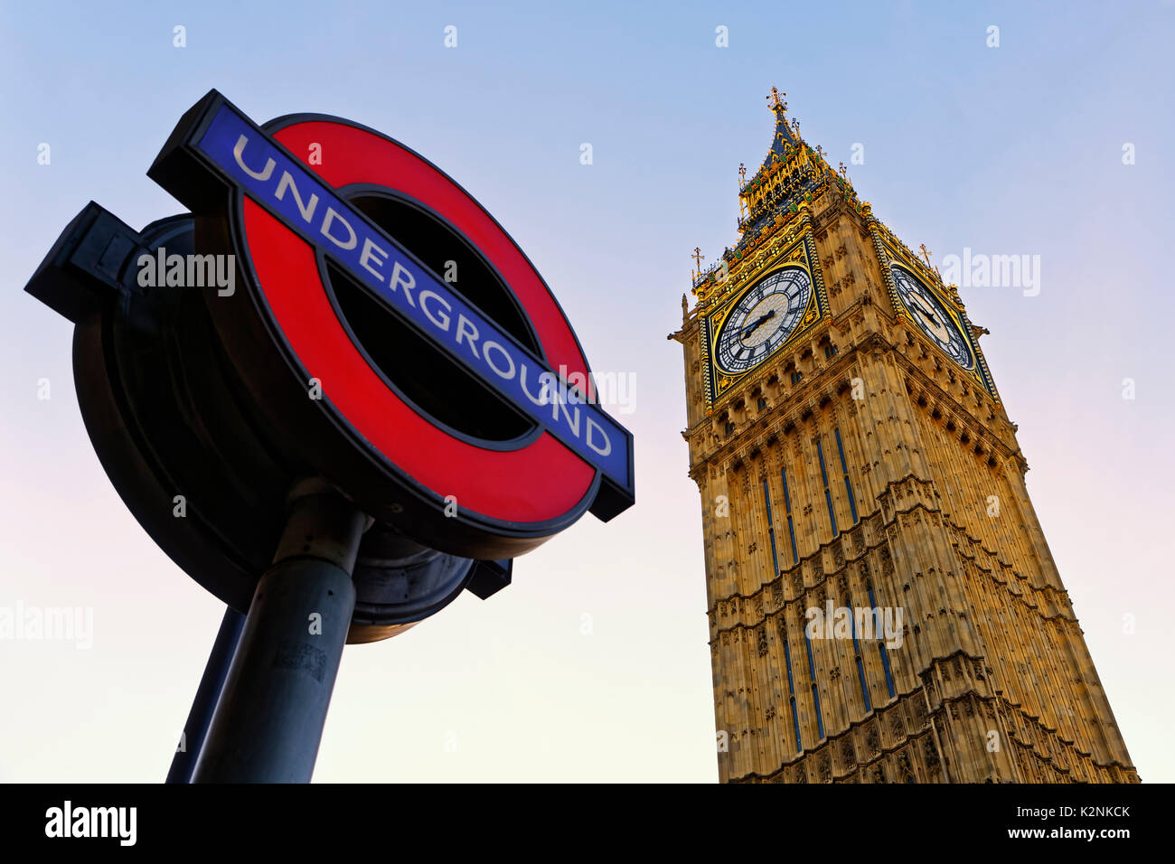 Big Ben, City of Westminster with subway sign, London, England, United Kingdom Stock Photo