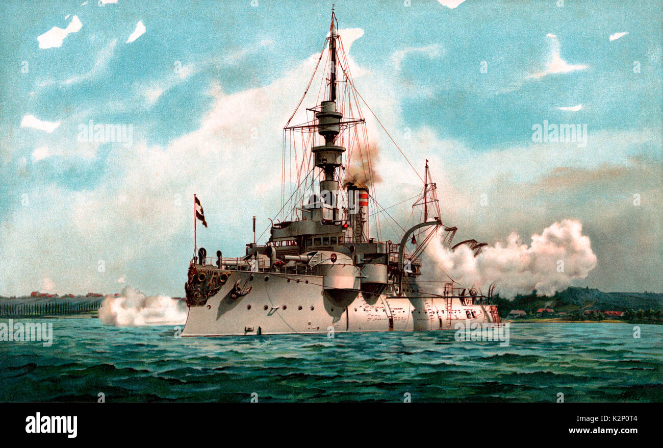 S.M. Kustenpanzerschiff Odin im Salut, German Battleship, circa 1902 Stock Photo