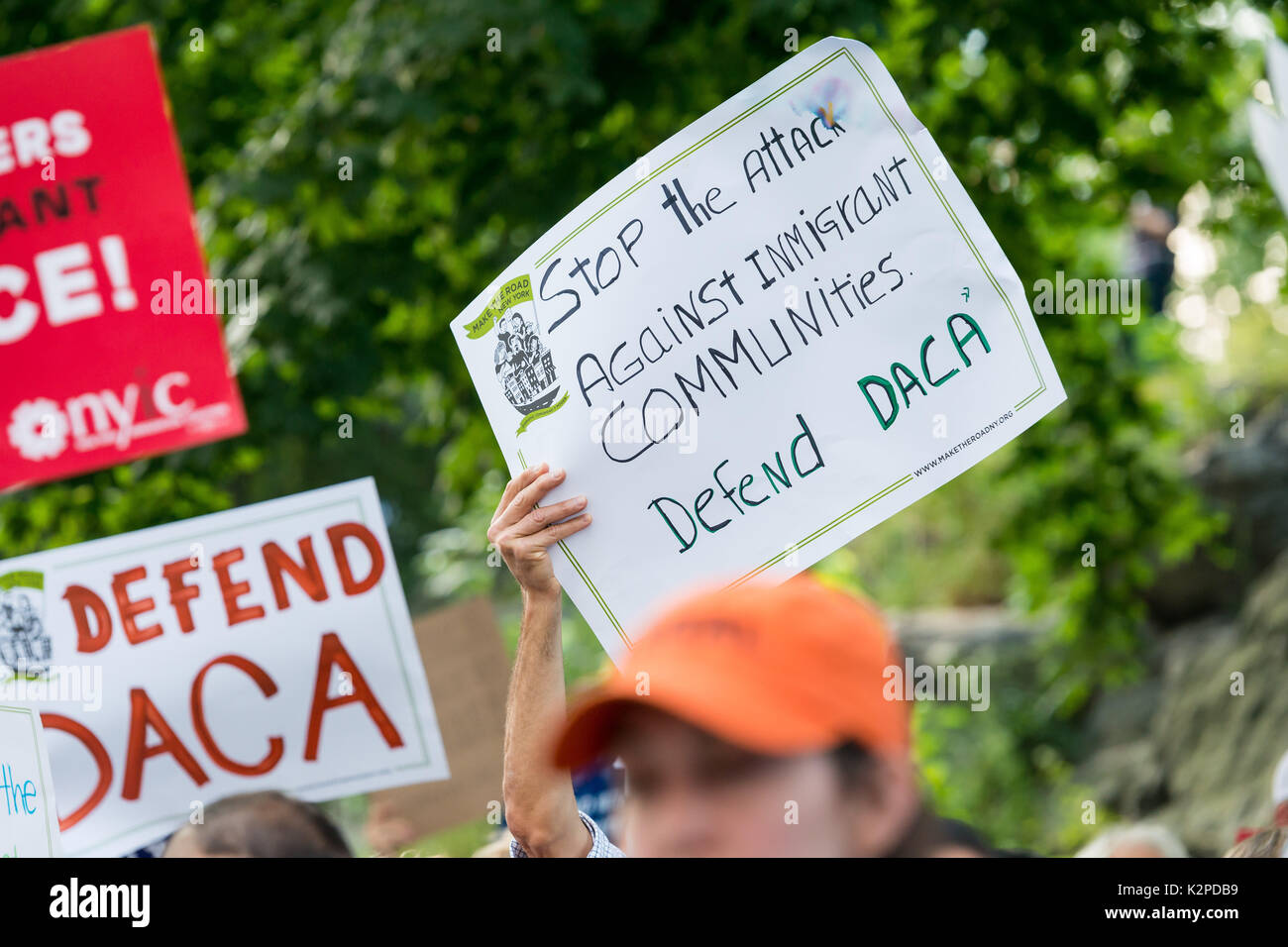 New York, United States. 30th Aug, 2017. Activists rallied in Columbus Circle and marched from there to Trump Tower in protest of President Donald Trump's possible elimination of the Obama-era 'Deferred Action for Childhood Arrivals' (DACA) which curtails deportation of an estimated 800,000 undocumented immigrants. Credit: Albin Lohr-Jones/Pacific Press/Alamy Live News Stock Photo