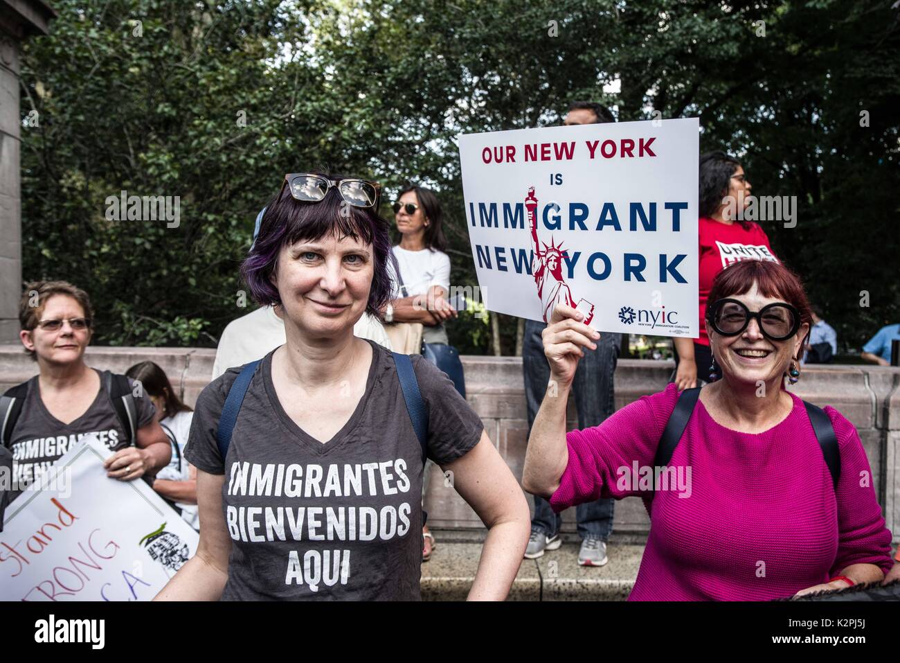 New York City, New York, USA. 30th Aug, 2017. Due to the review of the DACA Act (DEFERRED ACTION FOR CHILDHOOD ARRIVALS) by the Trump Administration, as well as expectation of the discontinuation of the program, 1,500 New Yorkers gathered at the Trump International Hotel and Tower to demonstrate their support for the act. The DACA Act gives protection against deportation to undocumented young people under 31 years of age, so long as they fulfill certain requirements. Furthermore, the act allows them to attend schools and obtain work permits. The Trump Administration Stock Photo