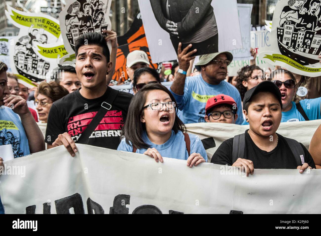 New York City, New York, USA. 30th Aug, 2017. Due to the review of the DACA Act (DEFERRED ACTION FOR CHILDHOOD ARRIVALS) by the Trump Administration, as well as expectation of the discontinuation of the program, 1,500 New Yorkers gathered at the Trump International Hotel and Tower to demonstrate their support for the act. The DACA Act gives protection against deportation to undocumented young people under 31 years of age, so long as they fulfill certain requirements. Furthermore, the act allows them to attend schools and obtain work permits. The Trump Administration Stock Photo