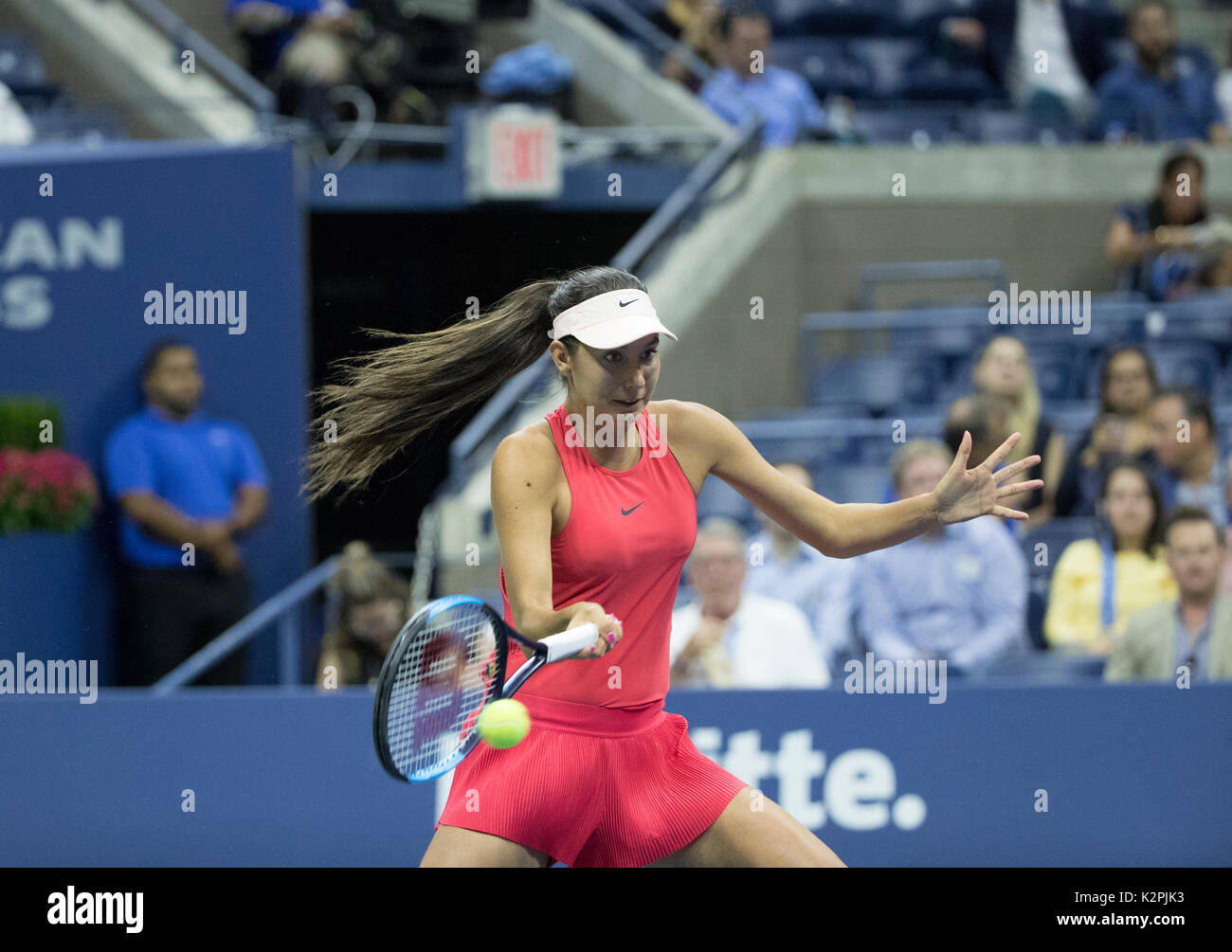 New York, United States. 30th Aug, 2017. New York, NY USA - August 30, 2017: Oceane Dodin of France returns ball during match against Venus Williams of USA at US Open Championships at Billie Jean King National Tennis Center Credit: lev radin/Alamy Live News Stock Photo