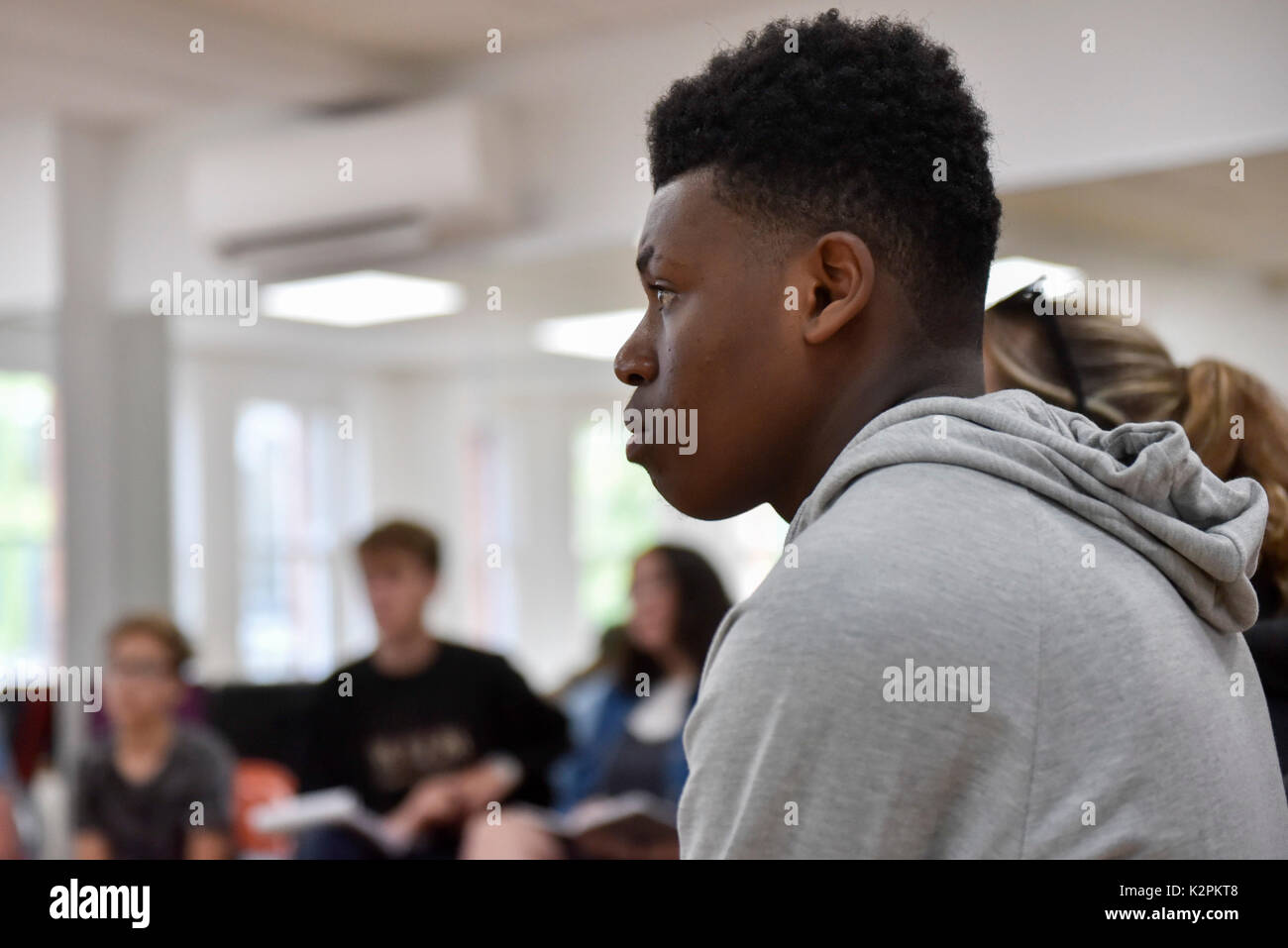 London, UK.  31 August 2017.  Young buskers hoping to be Gigs Champion 2017 take part in a boot camp with industry experts at music studios in the West End ahead of their upcoming Gigs Grand Final at Westfield London.  Gigs is the Mayor of London’s annual busking competition for young songwriters and performers aged 11-25 years old. Credit: Stephen Chung / Alamy Live News Stock Photo