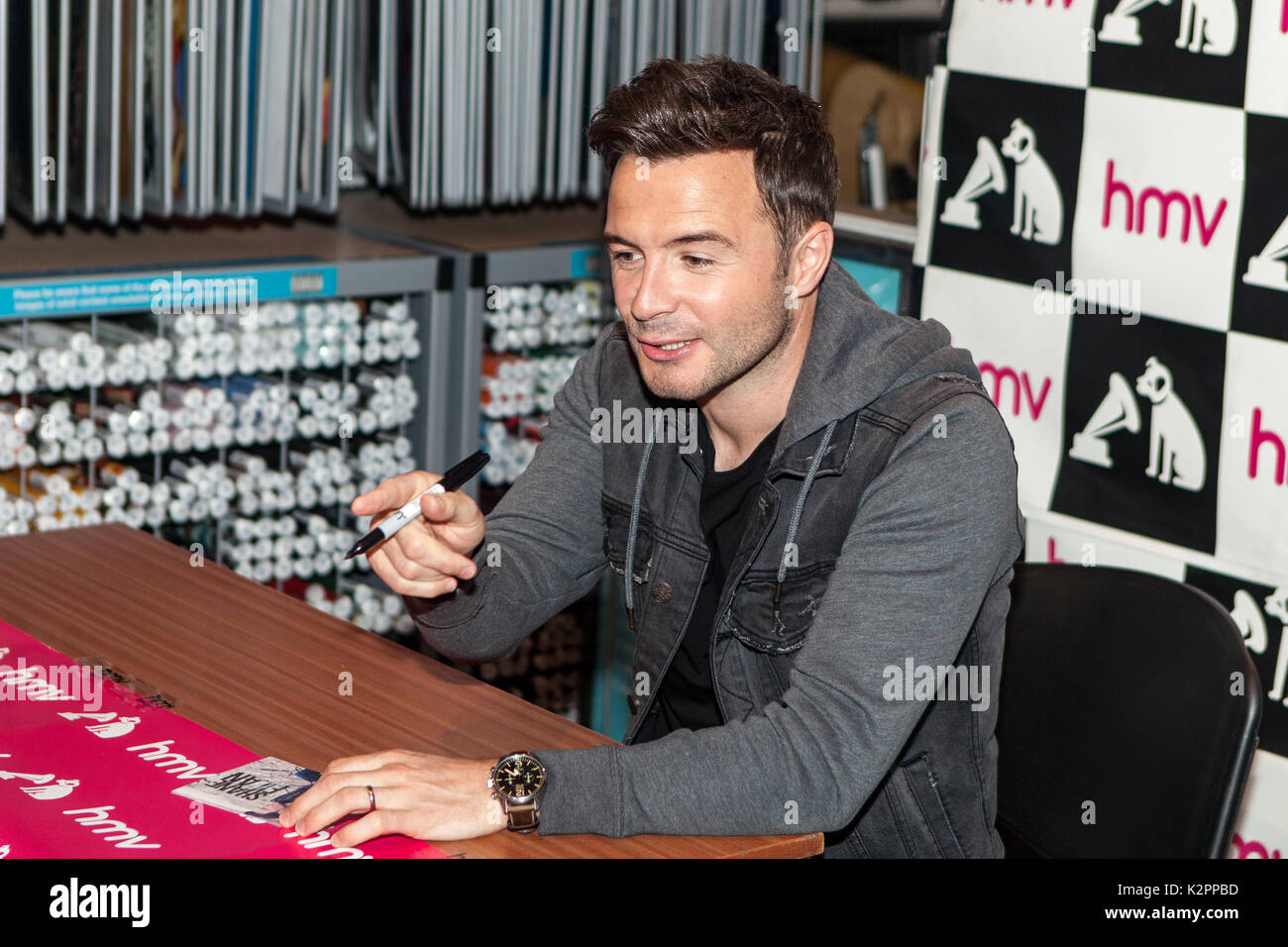 HMV Shop, High Street, Belfast, Northern Ireland. 31st August 2017. Pop Star Shane Filan was in Belfast to meet fans at the launch of his new Album 'Love Always' prior to his concert at the SSE Arena. Credit: Bonzo/Alamy Live News Stock Photo