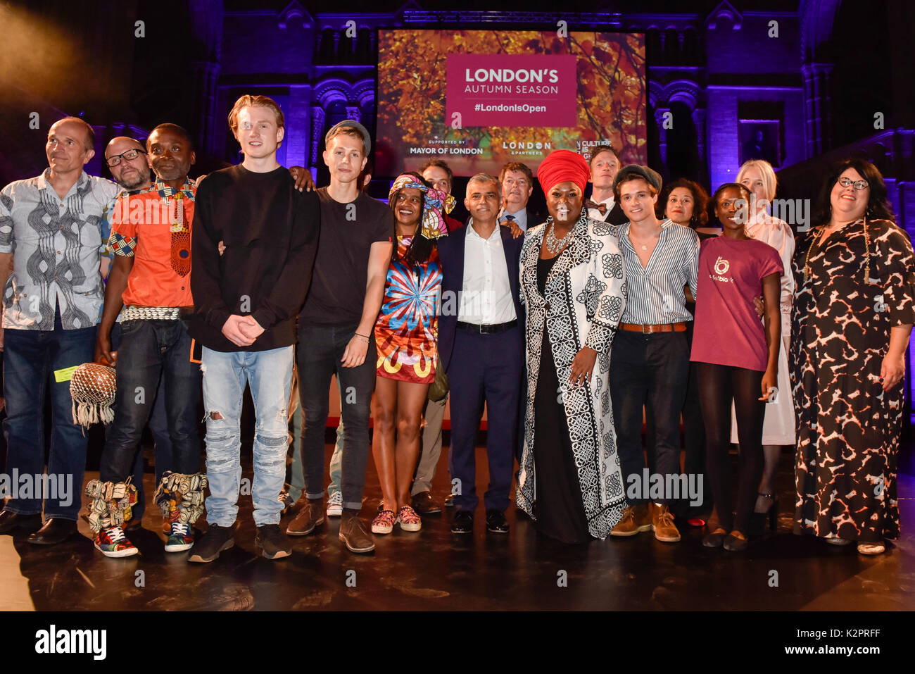 London, UK.  31 August 2017. The Vamps, Sir Michael Dixon, Director of The Natural History Museum, a member of Ballet Black,  Jumoké Fashola, Justine Simmonds, Deputy Mayor for Culture, Amy Lame, Night Tsar join Mayor of London, Sadiq Khan, to launch London’s Autumn Season at the Natural History Museum, shining a spotlight on the world-leading cultural exhibitions and events taking place across the capital during the months ahead.   Credit: Stephen Chung / Alamy Live News Stock Photo