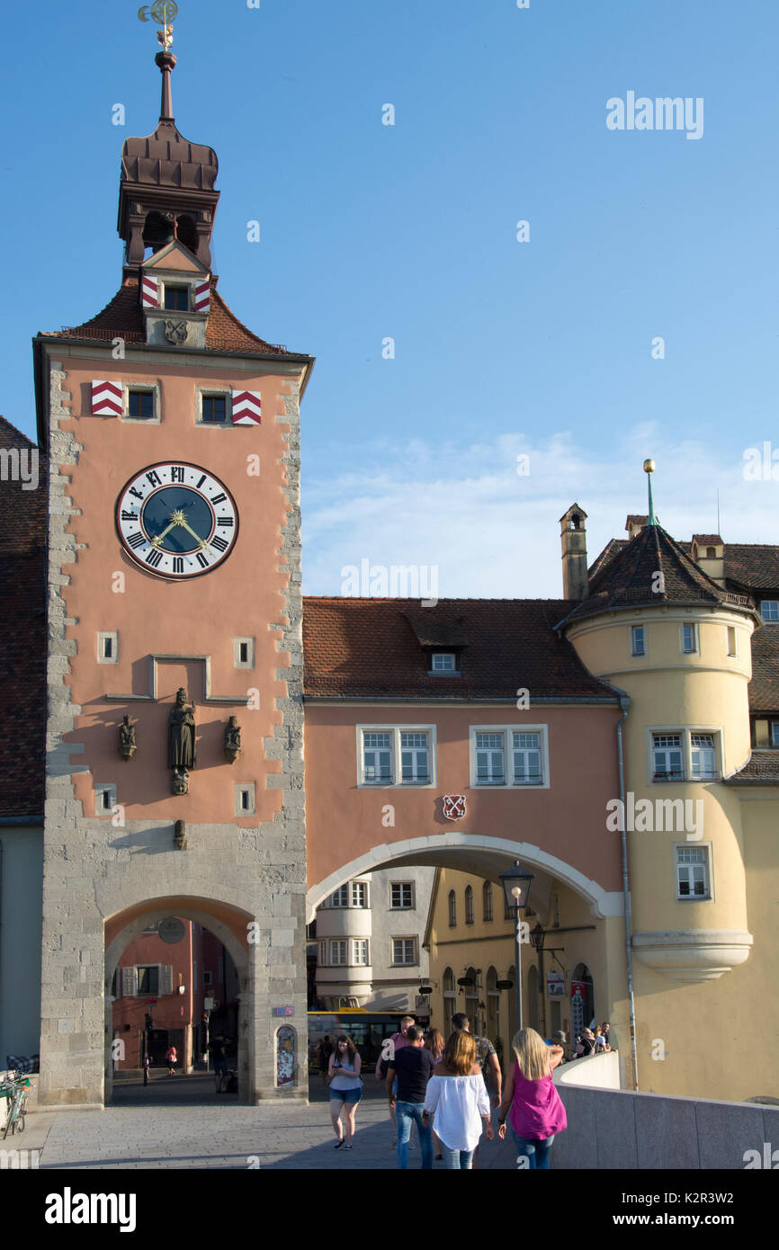 The Bridge Tower (Bruecke Turm) guards the Old Town or Altstadt of Regensburg, Bavaria, Germany Stock Photo