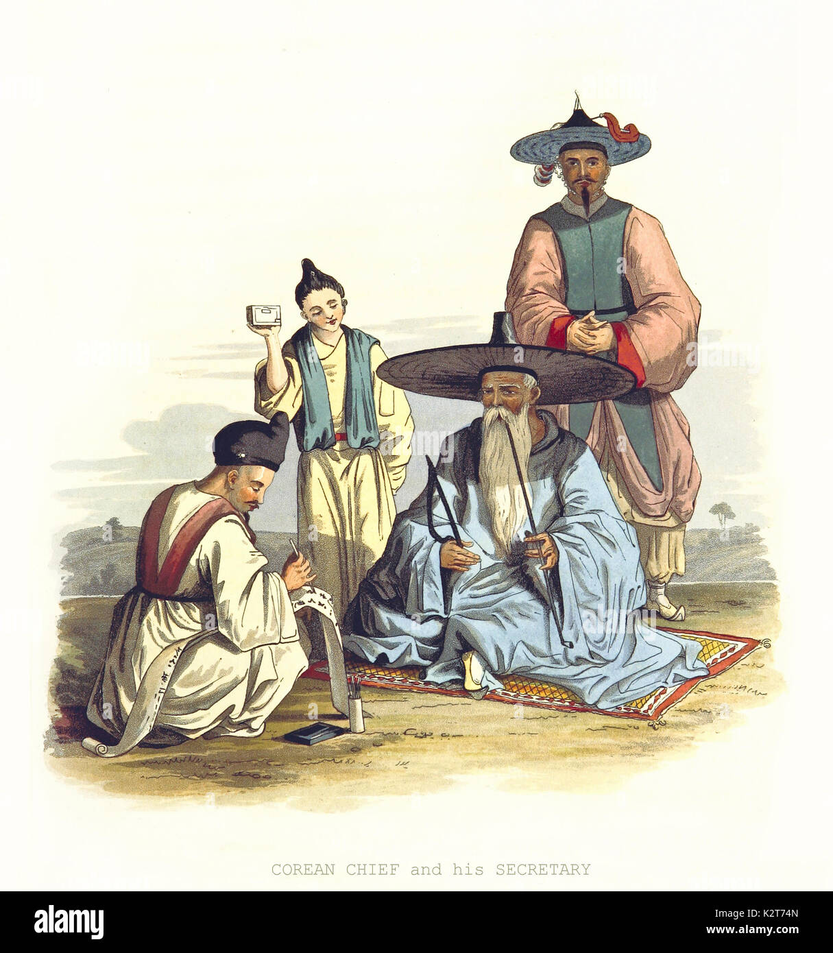 Old illustration of Corean chief and his secretary. Created by W. and R. Havell, published on 'Account of a Voyage of Discovery to the West Coast of C Stock Photo