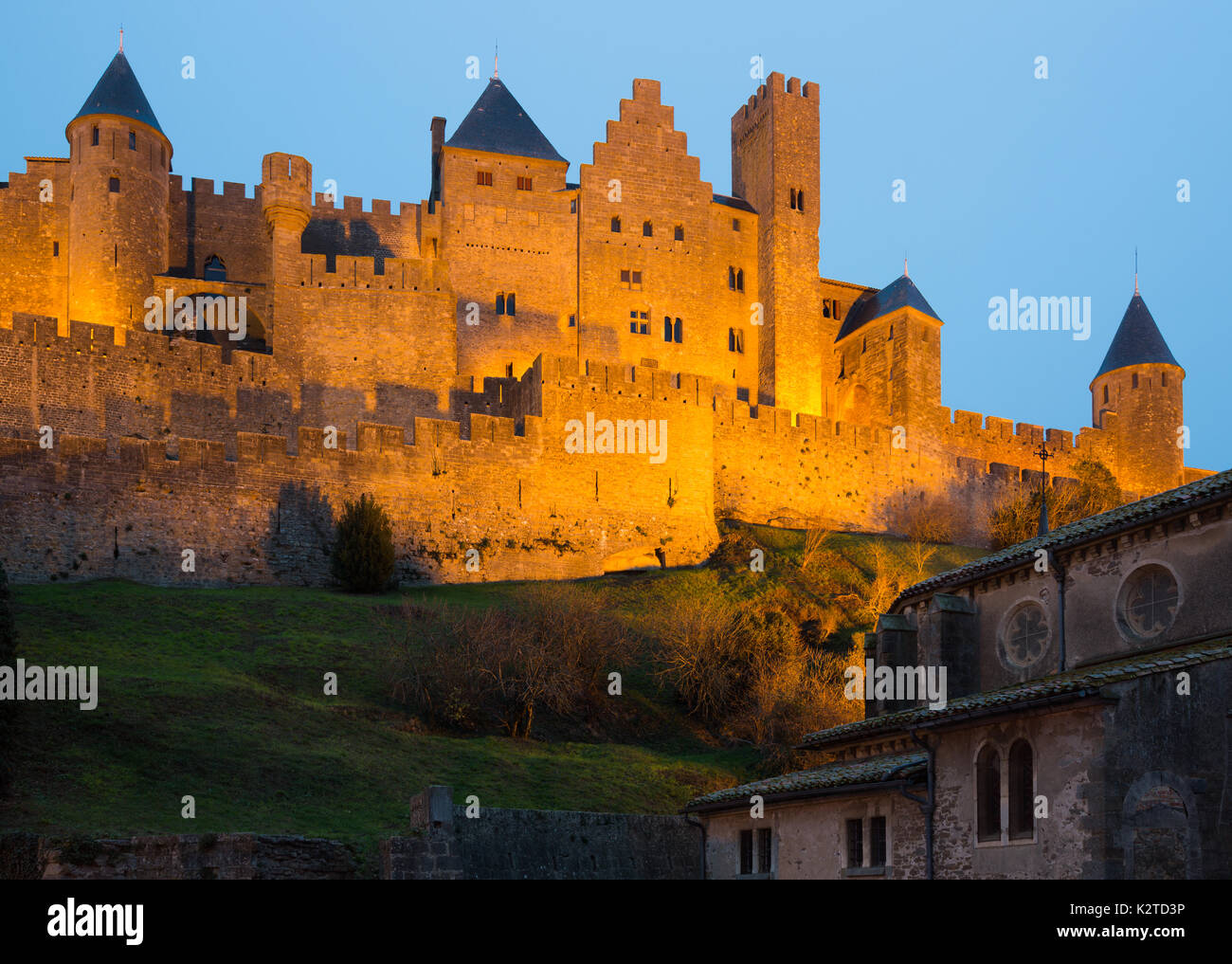 Medieval Castle in sunset time.  Carcassonne, France Stock Photo