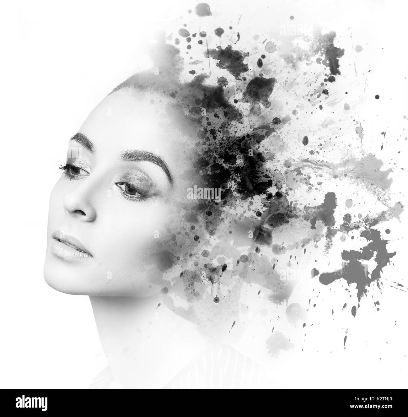 Double exposure of young woman and blots Stock Photo