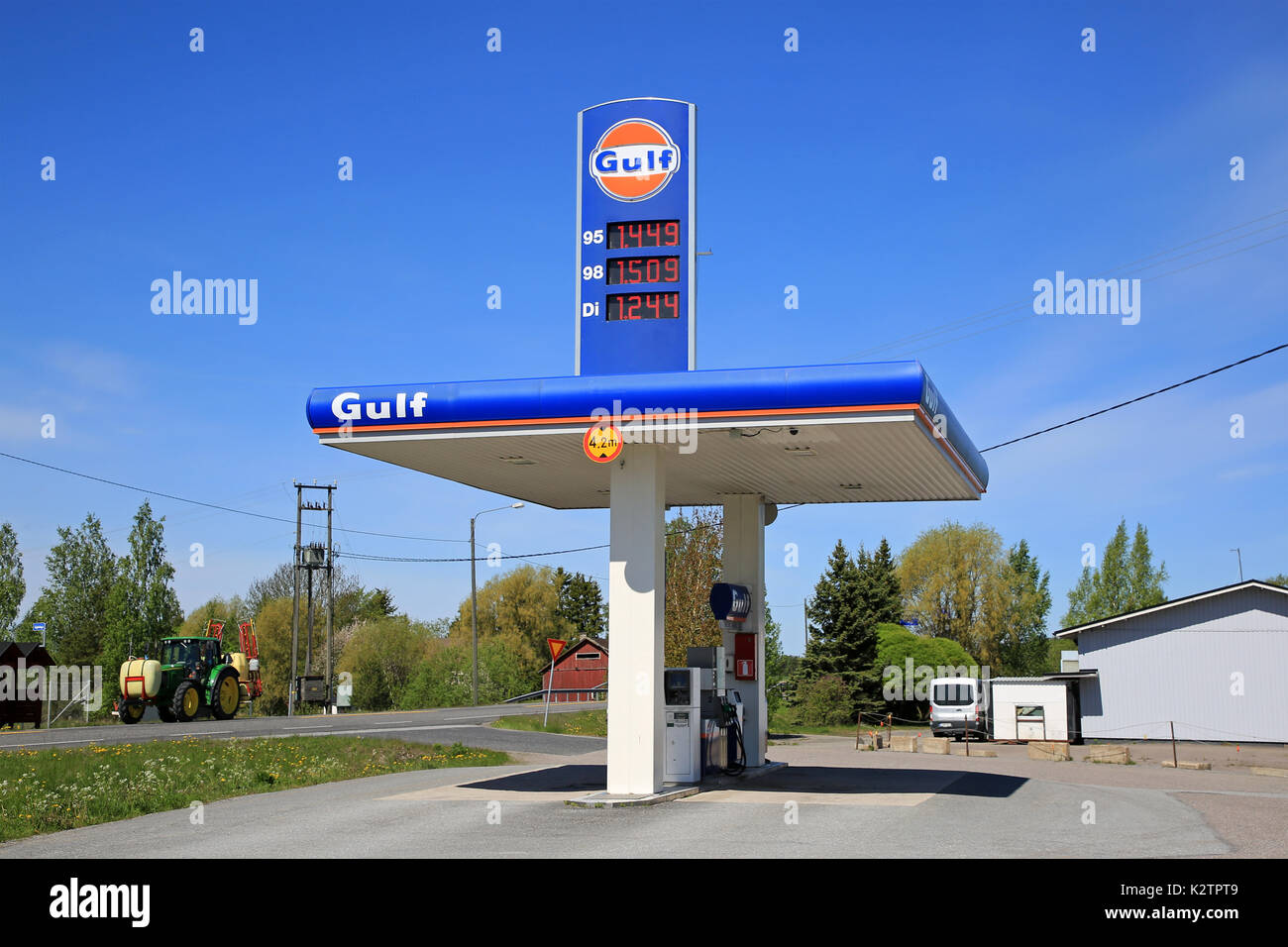 MIETOINEN, FINLAND - JUNE 3, 2017: Gulf unmanned gasoline filling station by highway 192 in Mietoinen on a sunny day of summer. Since 2008, Gulf petro Stock Photo